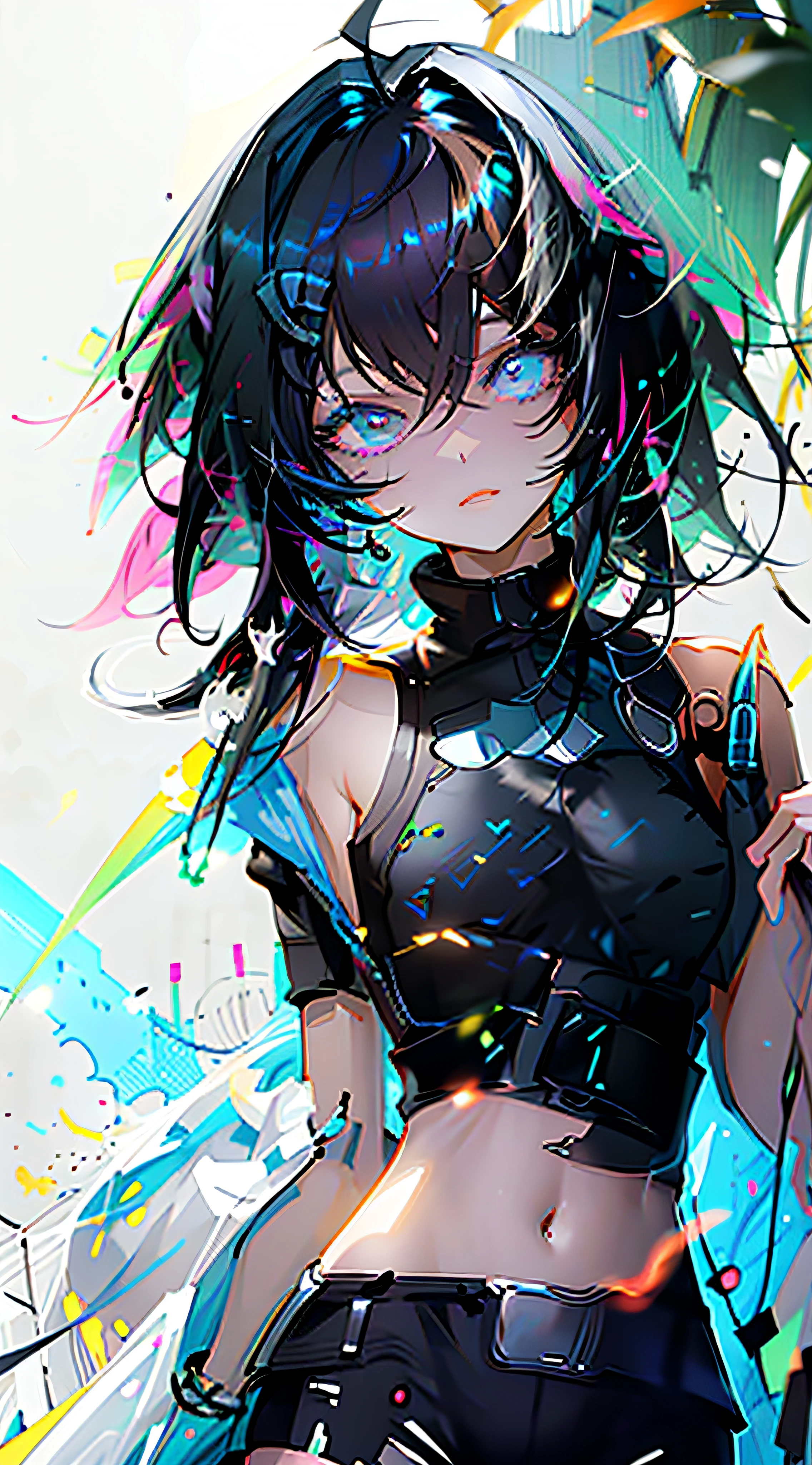 {{masterpiece}}, best quality, extremely detailed CG unity 8k wallpaper, cinematic lighting, lens flare, beautiful detail eyes, black,  side glance,  multicolor hair, colorful light, particles, heterochromia, (colorful:1.5), (colorful hair:1.5),