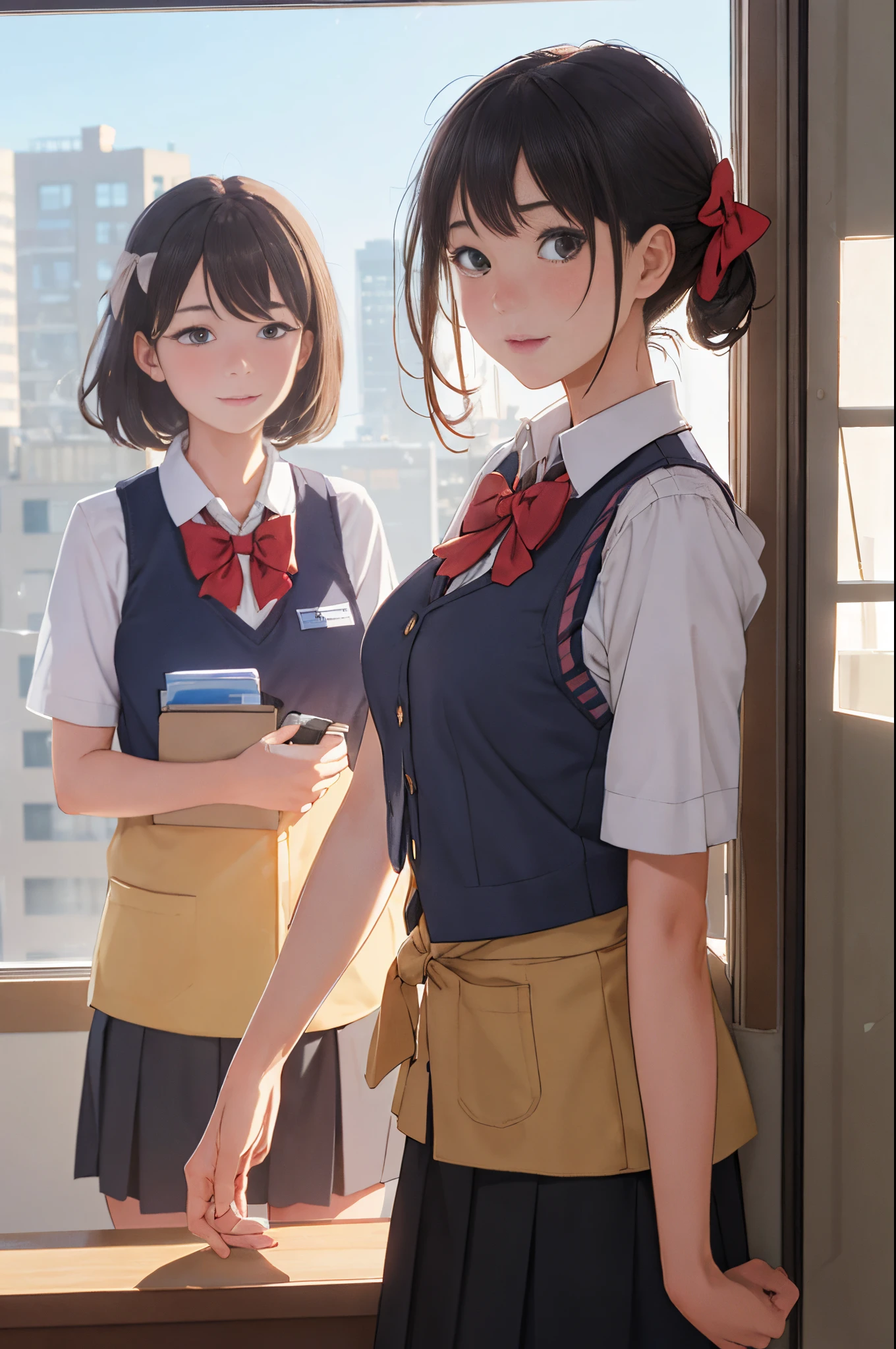 1个Giant Breast Girl，female high-school student，vests，bare shoulders​，Bow knot，photore，realistically，Best quality，employee，Detailed faces，Office room，Buildings outside the window，detailed back ground，Diffused sunlight，depth of fields，in the background bokeh