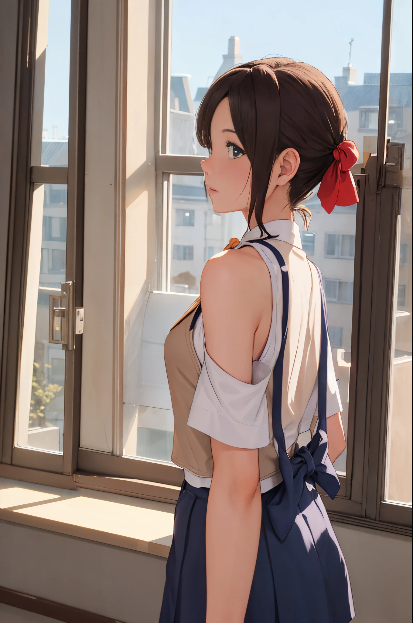 1个Giant Breast Girl,female high-school student,vests,bare shoulders,Bow knot,photore,realistically,Best quality,employee,Detailed faces,Office room,Buildings outside the window,detailed back ground,Diffused sunlight,depth of fields,in the background bokeh