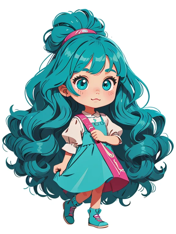 High quality design vector style image, Cute little girl s。Huge long hair。curlies。Large turquoise colored eyes。 full bodyesbian:1.2,Vector Image.