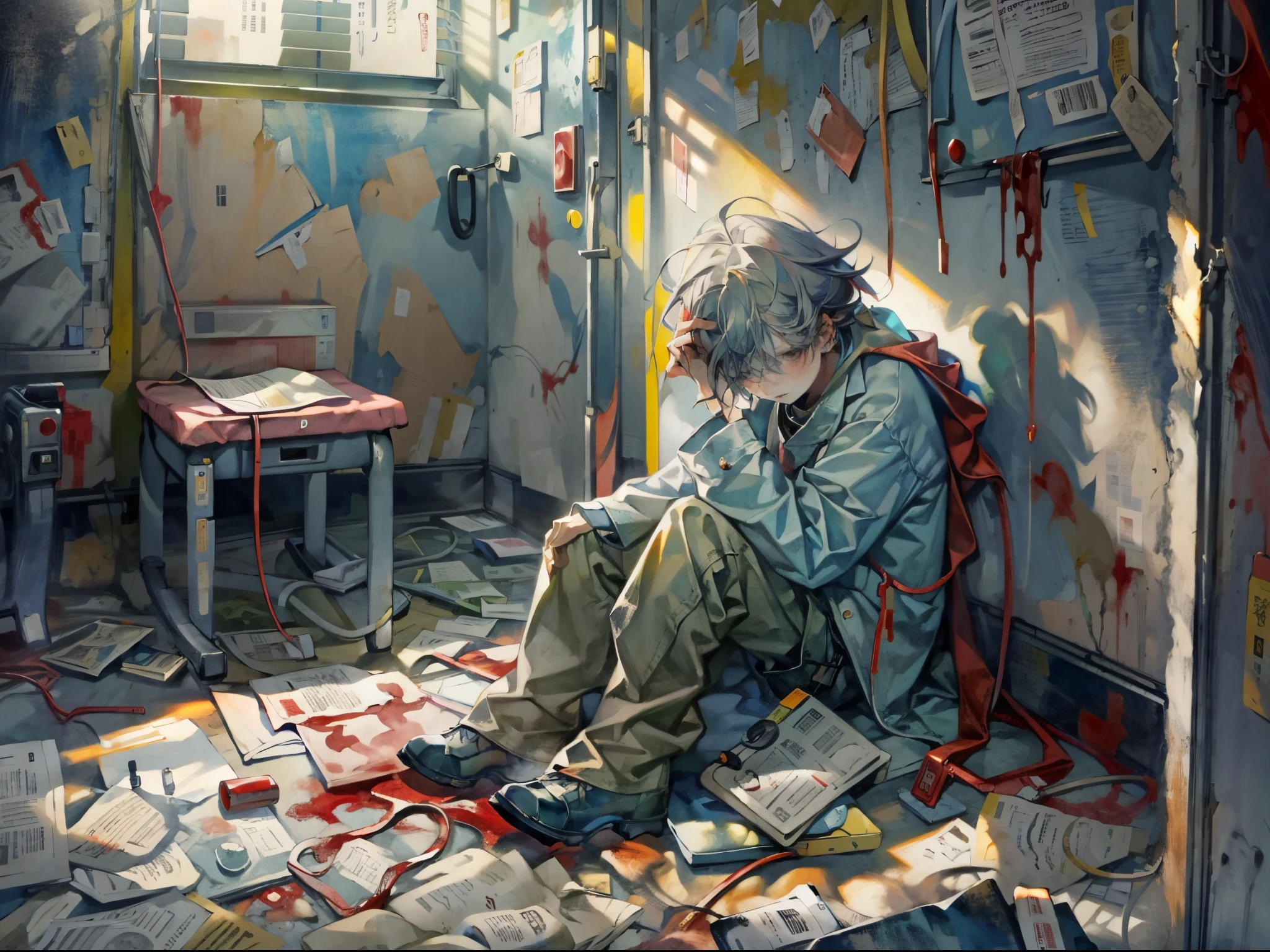 (masterpiece, best quality, high quality, ultra detailed, highres), 1boy, the abandoned hospital room, ruin hospital room, distressed room, medical equipment, gloomy atmosphere, dark shadows, emphasized white hues, overhead lighting, detailed features, disheveled hair, distressed clothing, pale complexion, exhausted expression, anxiety and fear in his eyes, IV drip, many blood bags, monitor showing vital signs, shadows cast on the wall from window blinds, loneliness, despair, dusty floor