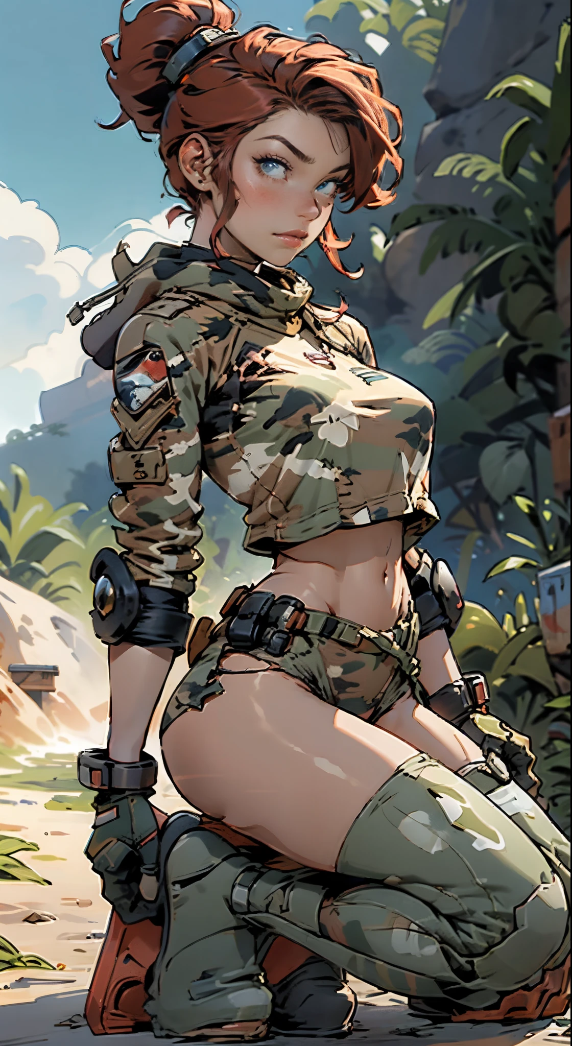 1woman 20 years old, max resolution, sculpted, military, wearing a soldier helmet, beautiful, perfect body, red hair, blue eyes, perfect body, thin waist, wide hips, large breasts, slim thighs, jungle background, armored vehicle, military robot dog, camouflaged uniform, tight panties, two-piece, highly detailed, high resolution, perfect hands, side view, camo, face fully turned to the side to look at the viewer, turn her head to look at the viewer, genuflection kneeling, one knee on ground, one knee up, holding up a rifle