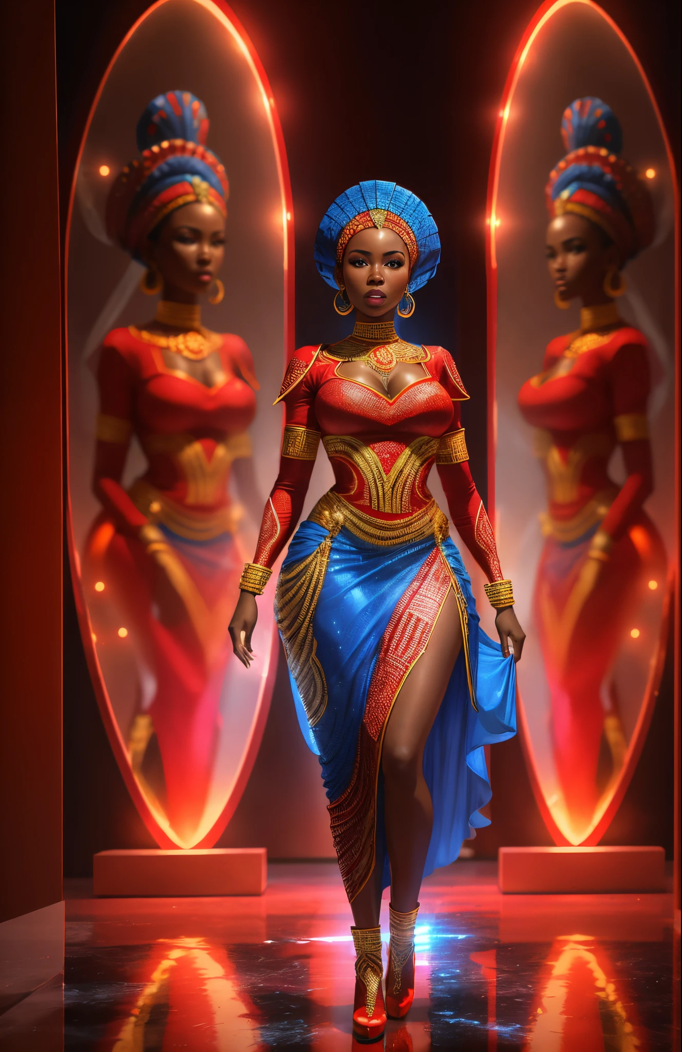 an ice sculpture of a beautiful African woman dressed in African designed clothes, standing in an empty Area full of  large reflective mirrors, red flares on the ground providing a red cinematic look, red and blue look, cinematic lighting, artgerm style, 32k, ultra HD, hyper-realistic image --auto --s2