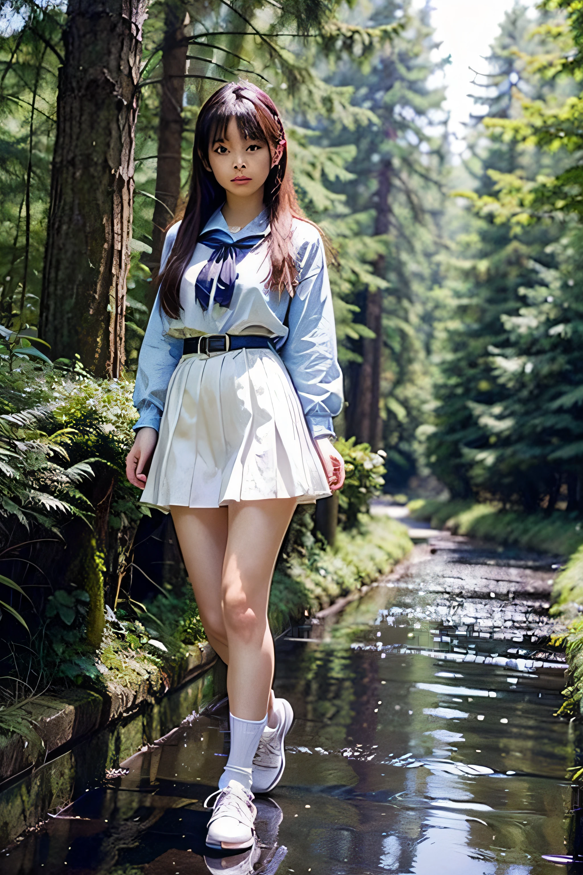 nffsw,​masterpiece、high-level image quality、The ultra -The high-definition、8k wallpaper、((Extremely beautiful face、kawaii faces))、Bright brown eyes、((Double beautiful eyes))、no-makeup、Well-formed face,full body Esbian、a sailor suit,Blue Ribbon、White skirt、One Beautiful Girl, hi-school girl、**** student、Hairstyle with bangs、great outdoors、Blue swamp in the coniferous forest belt、Beautiful girl walking in the water and coming here、Embarrassment、confusion、Ephemeral、dark sky、side lights、Noise Reduction、Pale and soft light、diffuse glow、Hair that flutters in the wind、A skirt that flutters in the wind,pantiy、White panty、Soaring skirt、pantiy