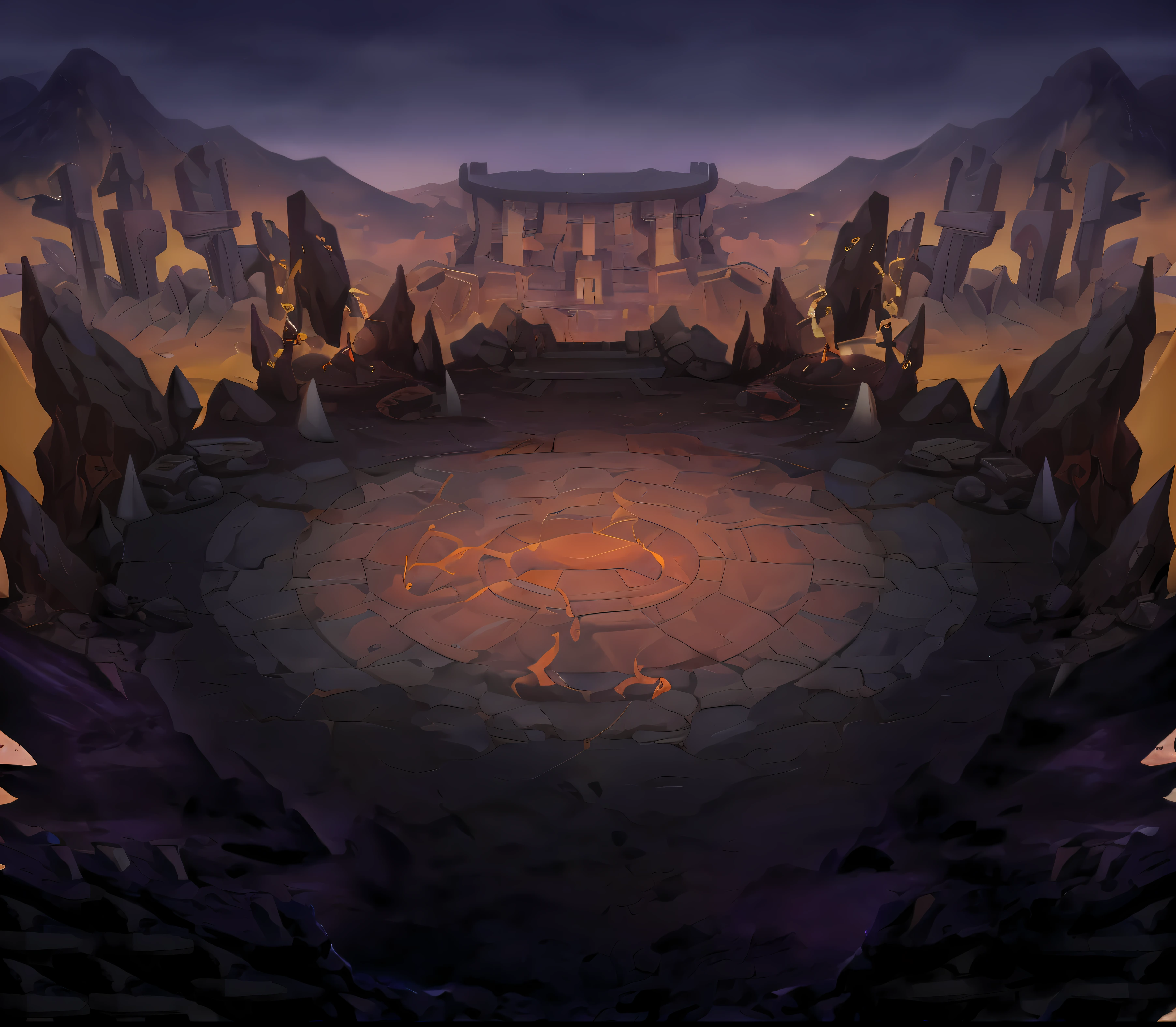 Cartoon illustration of stone circle with fire in the center, odin's stone arena background, arena background, Ancient site background, volcanic workshop background, battleground background, Stunning mystery background, dungeon background, background artwork, arte de fundo, riot background, background is the ruins, World of Warcraft art style, Magical battlefield background, purple fire around magic arena