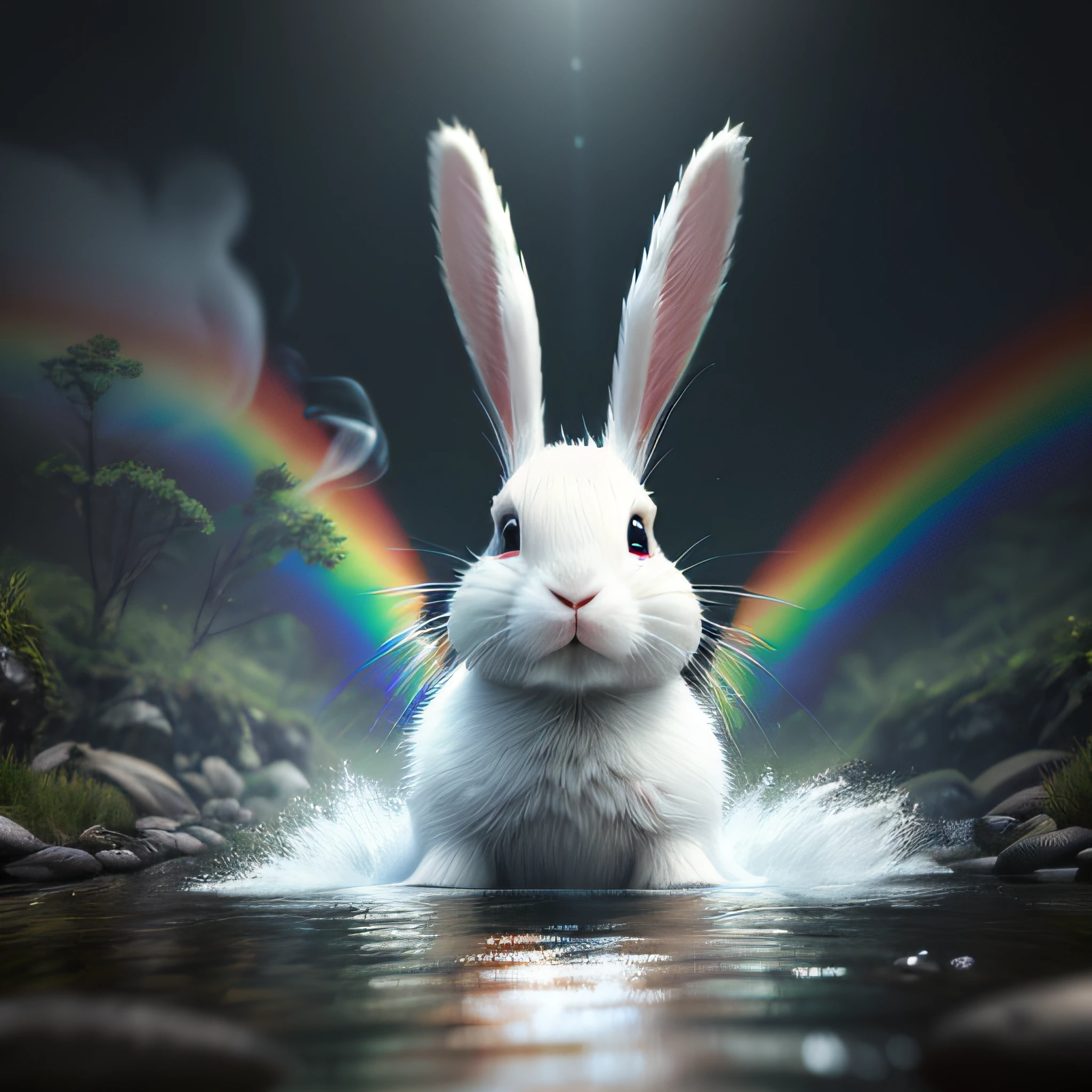 a photo of the bunny with a rainbow T-shirt and painful face when he falls and lay down into the stream, a panorama view, wet illustration, (((scare stream))), vibrant colors, action shots, 3D cartoon character, photorealistic 3d rendering, realistic photography, cinematic scenes, smoke around, 4k resolution, foggy, misty