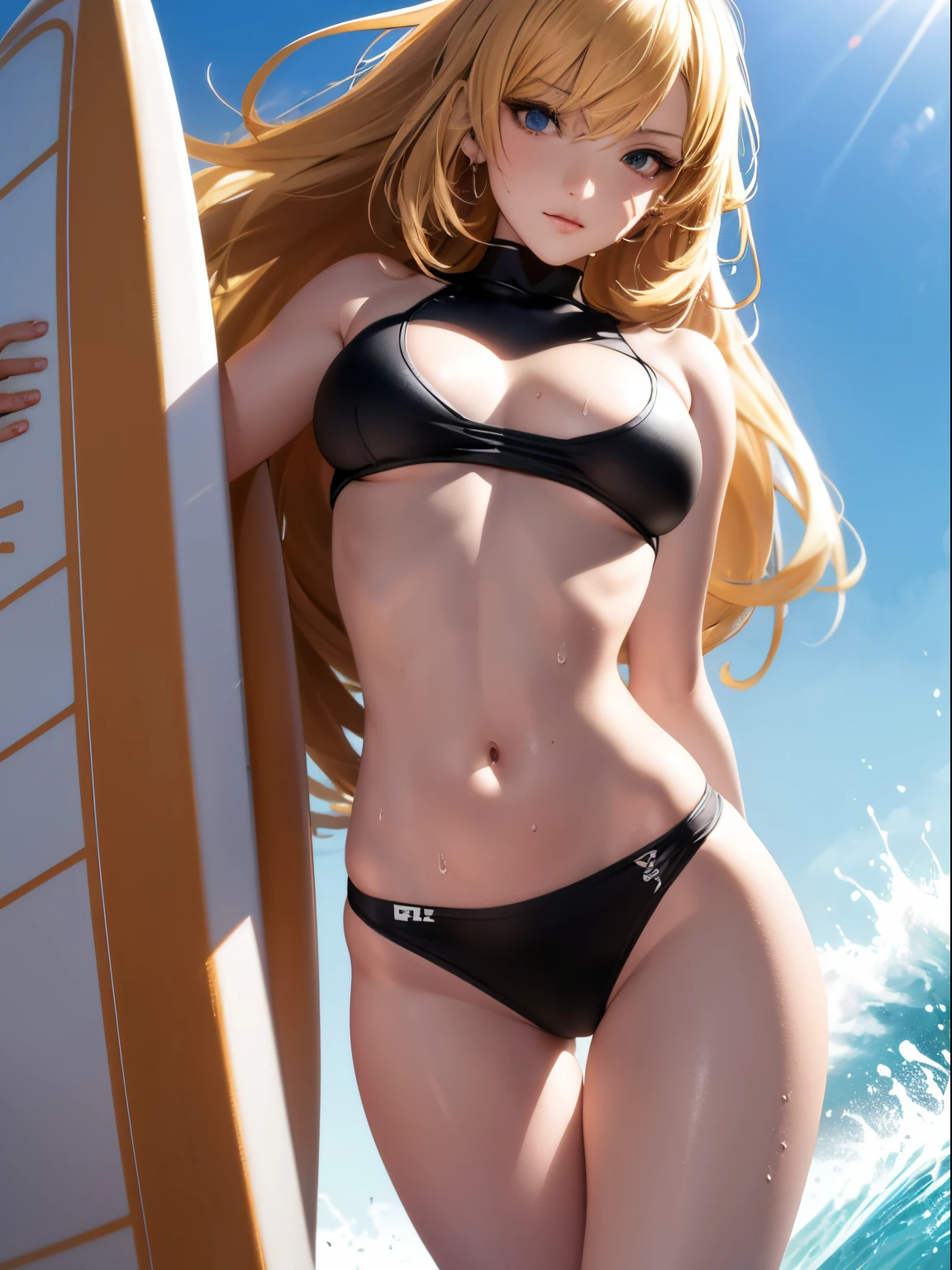 Best Quality, masutepiece, High resolution, (Anime Heroine Illustration), Anime Paint, 1beautiful girl ,Dynamic Angle,Female Surfer,ride on surfingboard,small head,Large breasts,nice legs, Glowing skin, Sweat,At the surfing venue ,(Detailed beautiful face:1.4),detailed skins,Detailed eyes,detailed hairs,Detailed beautiful legs,Sporty,