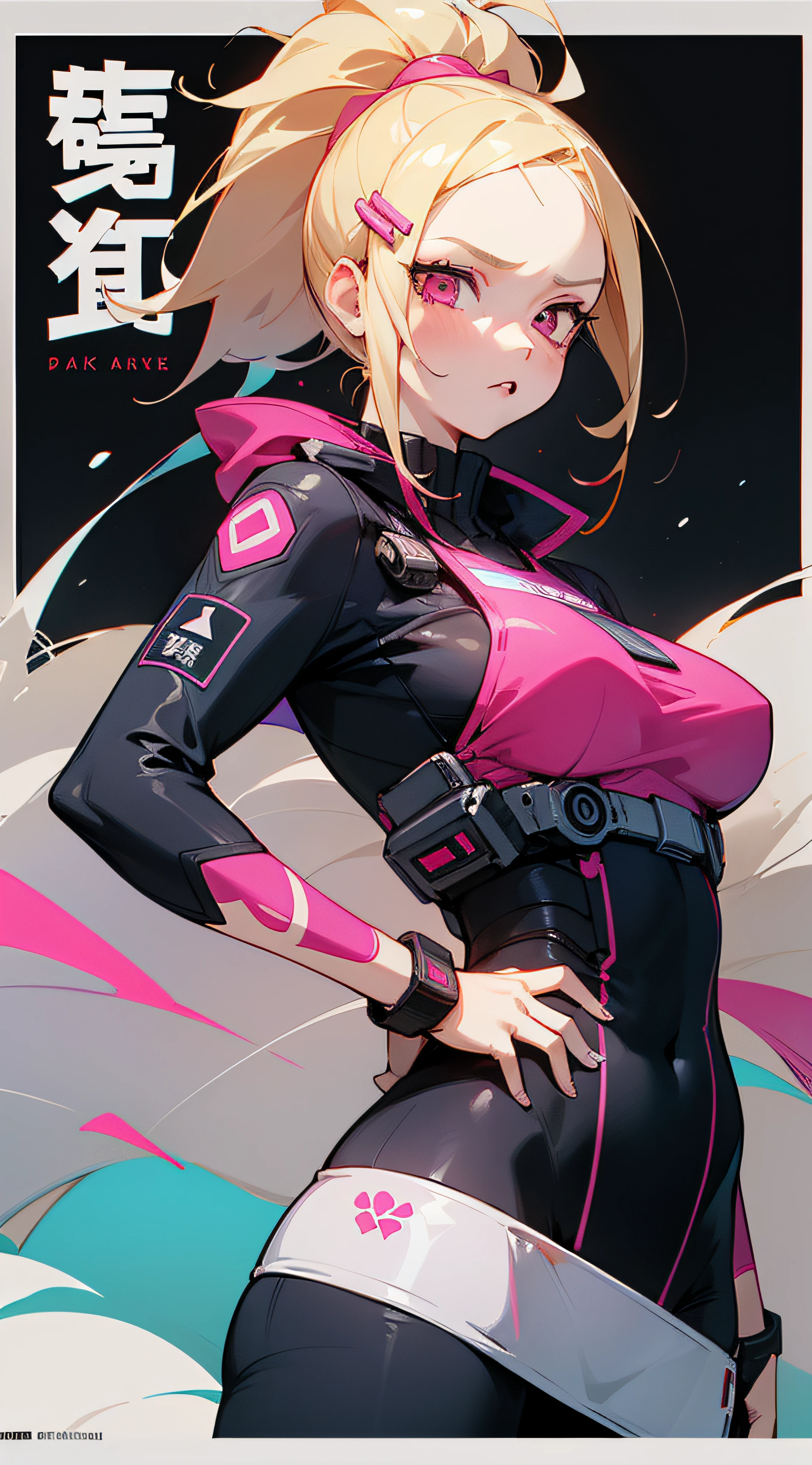 1 girl, Blonde hair, Blonde Woman, Pony tail, bright pink eyes, PastelColors, large full breasts, Cute Hair Clips, body tattoos, Bracelet in hand, Movie posters、It depicts a young woman as the central character。She stands confidently in the center of the poster,Wear a trendy cyborg futuristic outfit,with determined expressions on their faces。Dark and grainy background,There is a sense of crisis and a strong sense。The text turned out to be bold、Attracted attention,With catchy slogans,Adds overall drama and excitement。The color palette is dominated by dark colors,Dotted with bright colors
