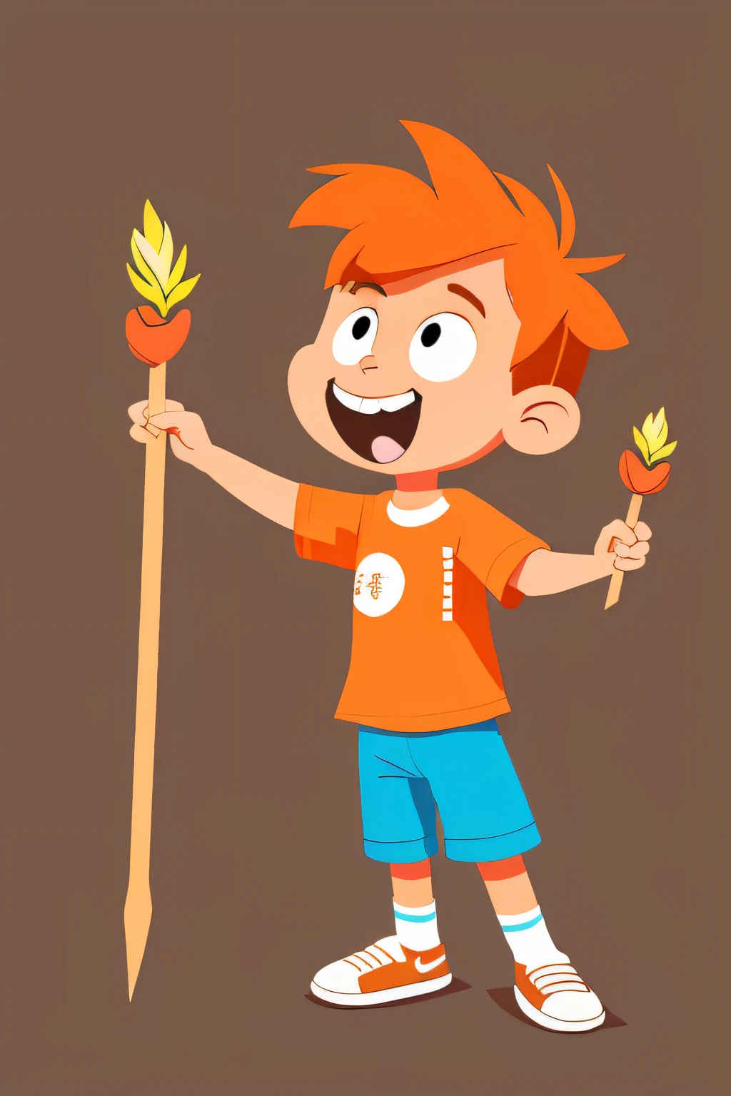 cartoon boy, full body, orange hair, eating skewered meat, cartoon style, big head, colorful shirt, flat color, white background, simple background