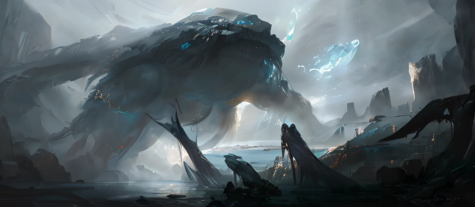 There is a huge creature standing in the water, dramatic concept art, noah bradley concept art, giant ethereal creature, Fantasy concept painting, by Ruan Jia, environment concept art, concept art painting, epic digital concept art, high resolution concept art, concept art oil painting, amazing concept painting, award winning concept art, inspired by Igor Kieryluk