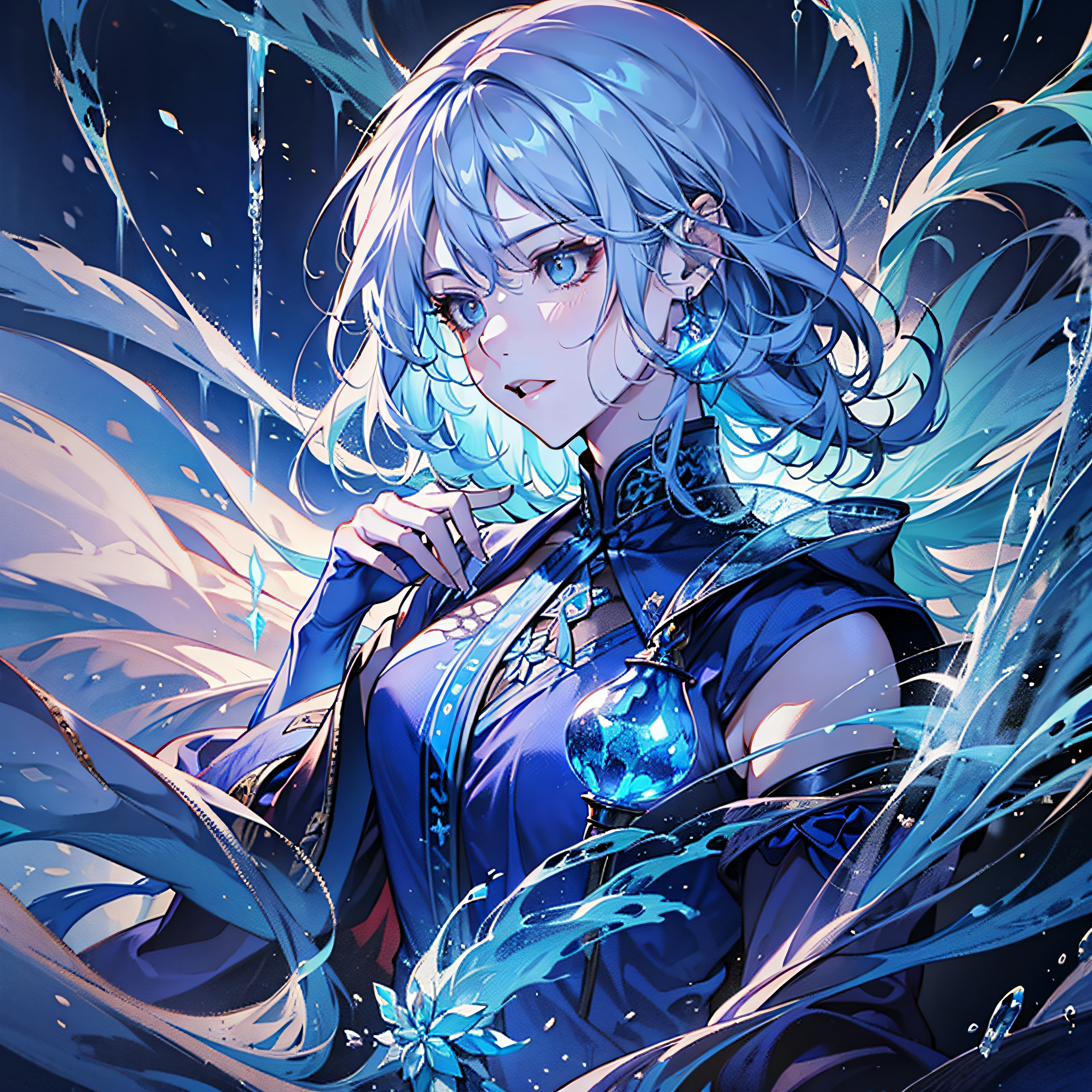 A magician, (loose dress: 1.5), (perfect facial features: 1.4), (blue silk robe), (mysterious magic formation: 1.2), ((ice dragon)), (ice crystal scales), blue light, (frost wings), powerful ice magic, icicles, towering into the clouds, blue cold light, ice storm, cold wind, flying ice and snow, spectacular effects, best quality, masterpiece, super high resolution, fine details, complex details, 8K resolution, 8KUCG wallpaper, HDR, aqua blue, magic array, cinematic lighting, chiaroscuro, ray tracing, NVIDIA RTX