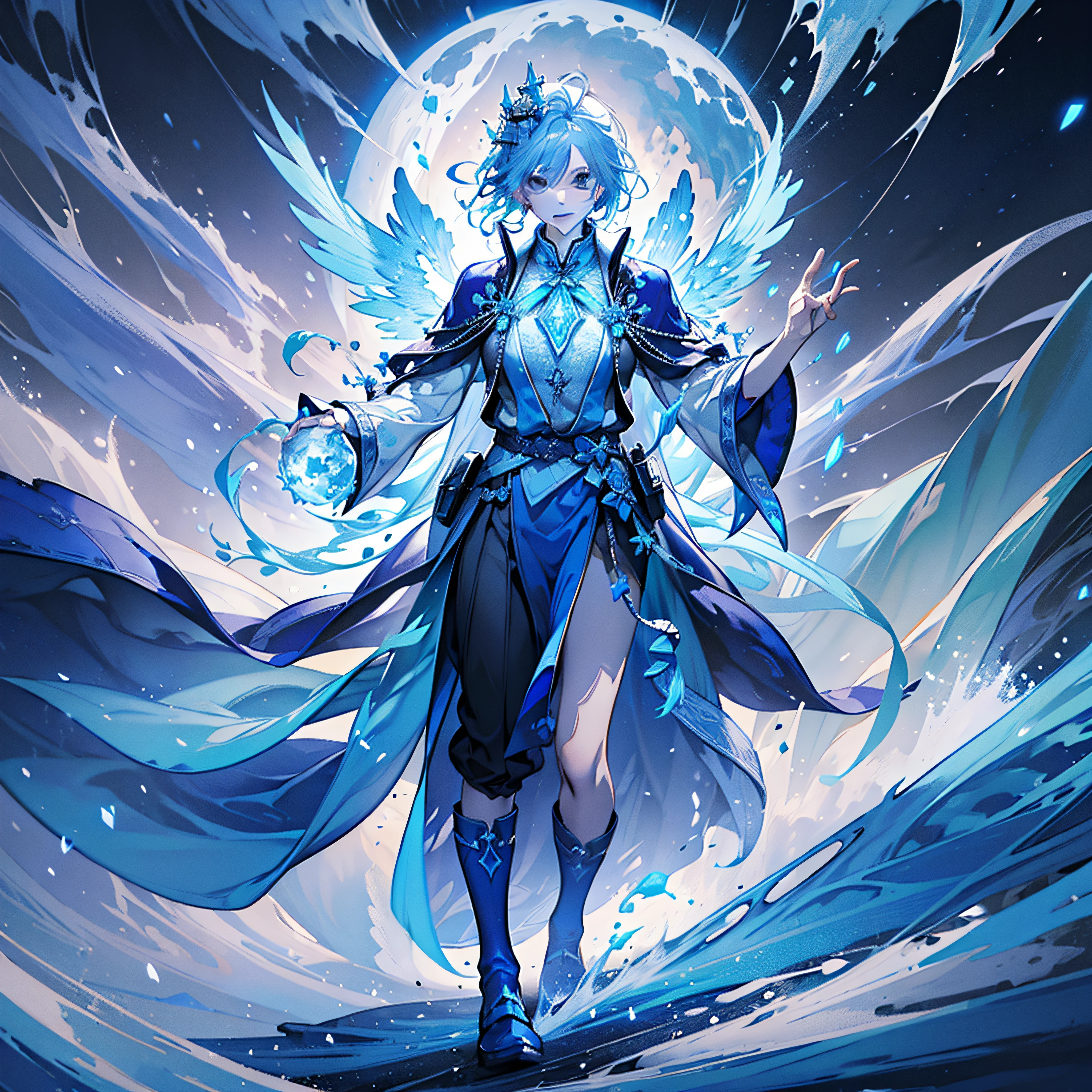 A magician, (loose dress: 1.5), (perfect facial features: 1.4), (blue silk robe), (mysterious magic formation: 1.2), ((ice dragon)), (ice crystal scales), blue light, (frost wings), powerful ice magic, icicles, towering into the clouds, blue cold light, ice storm, cold wind, flying ice and snow, spectacular effects, best quality, masterpiece, super high resolution, fine details, complex details, 8K resolution, 8KUCG wallpaper, HDR, aqua blue, magic array, cinematic lighting, chiaroscuro, ray tracing, NVIDIA RTX