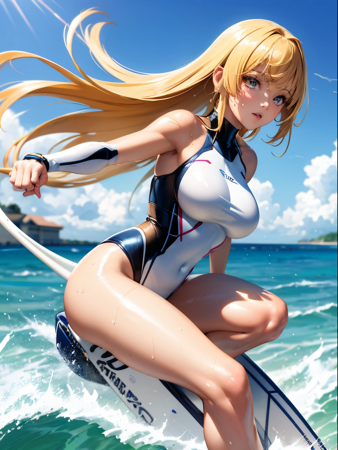 Best Quality, masutepiece,  High resolution, (Anime Heroine Illustration), Anime Paint, 1beautiful girl ,Dynamic Angle,Female Surfer,ride on surfingboard,small head,Large breasts,nice legs, Glowing skin, Sweat,At the surfing venue ,(Detailed beautiful face:1.4),detailed skins,Detailed eyes,detailed hairs,Detailed beautiful legs,Sporty,