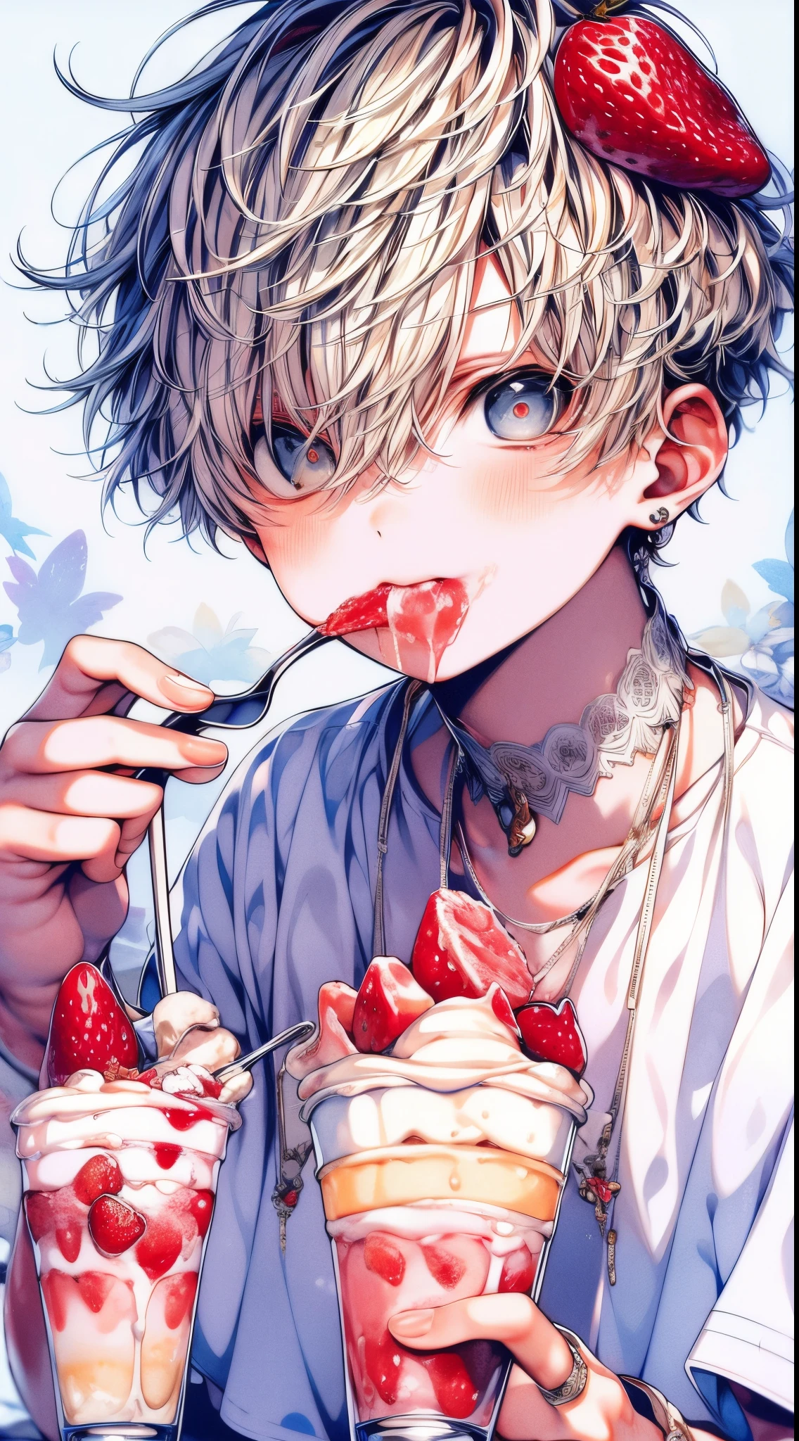 Masterpiece, best quality, high quality, ultra detailed, 1boy, strawberries and strawberries in a cup, aquarelle, iced, a cake, eating shave ice with spoon