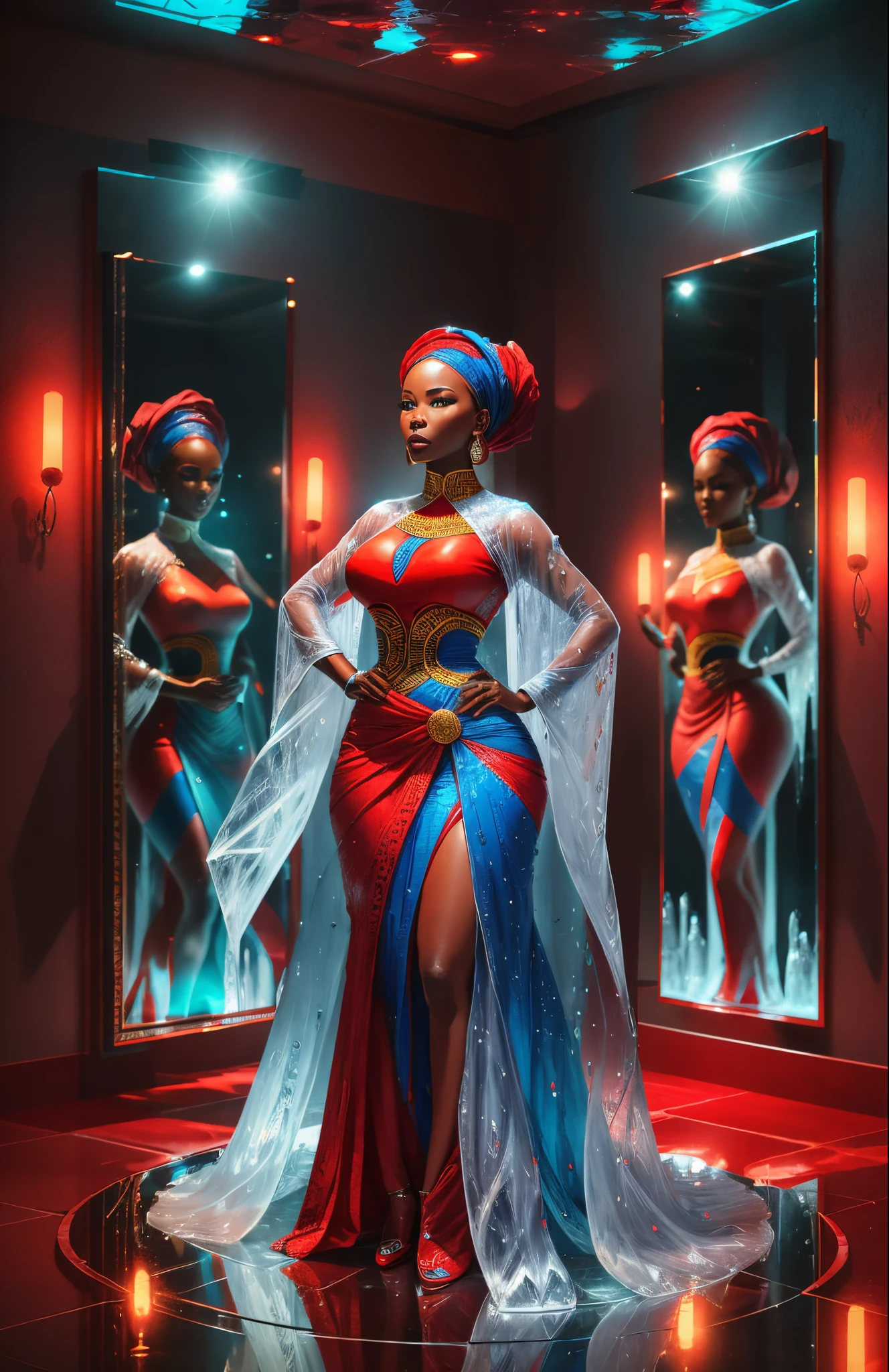 an ice sculpture of a beautiful African woman dressed in African designed clothes, standing in an empty Area full of large reflective mirrors, red flares on the ground providing a red cinematic look, red and blue look, cinematic lighting, artgerm style, 32k, ultra HD, hyper-realistic image --auto --s2