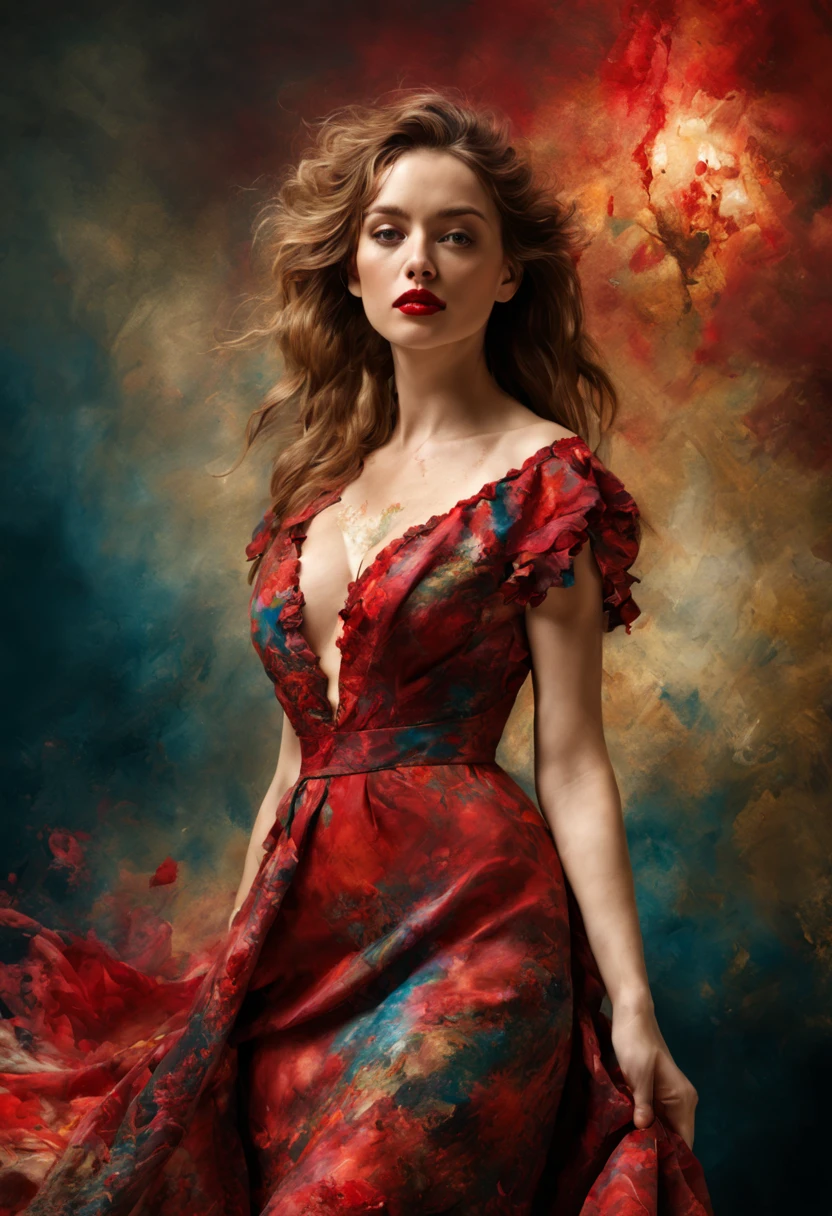 art by Gustave Moreau, Thomas Kinkade, Alberto Seveso, Melanie Delon,
Paul Gauguin, Peter Paul Rubens, Carne Griffiths, woman, extremely realistic,
red lipstick, printed dress, cotton fabric dress, high image quality,
alcohol ink, masterpiece, detailed, sharpness, detailed background, dramatic light, 8k