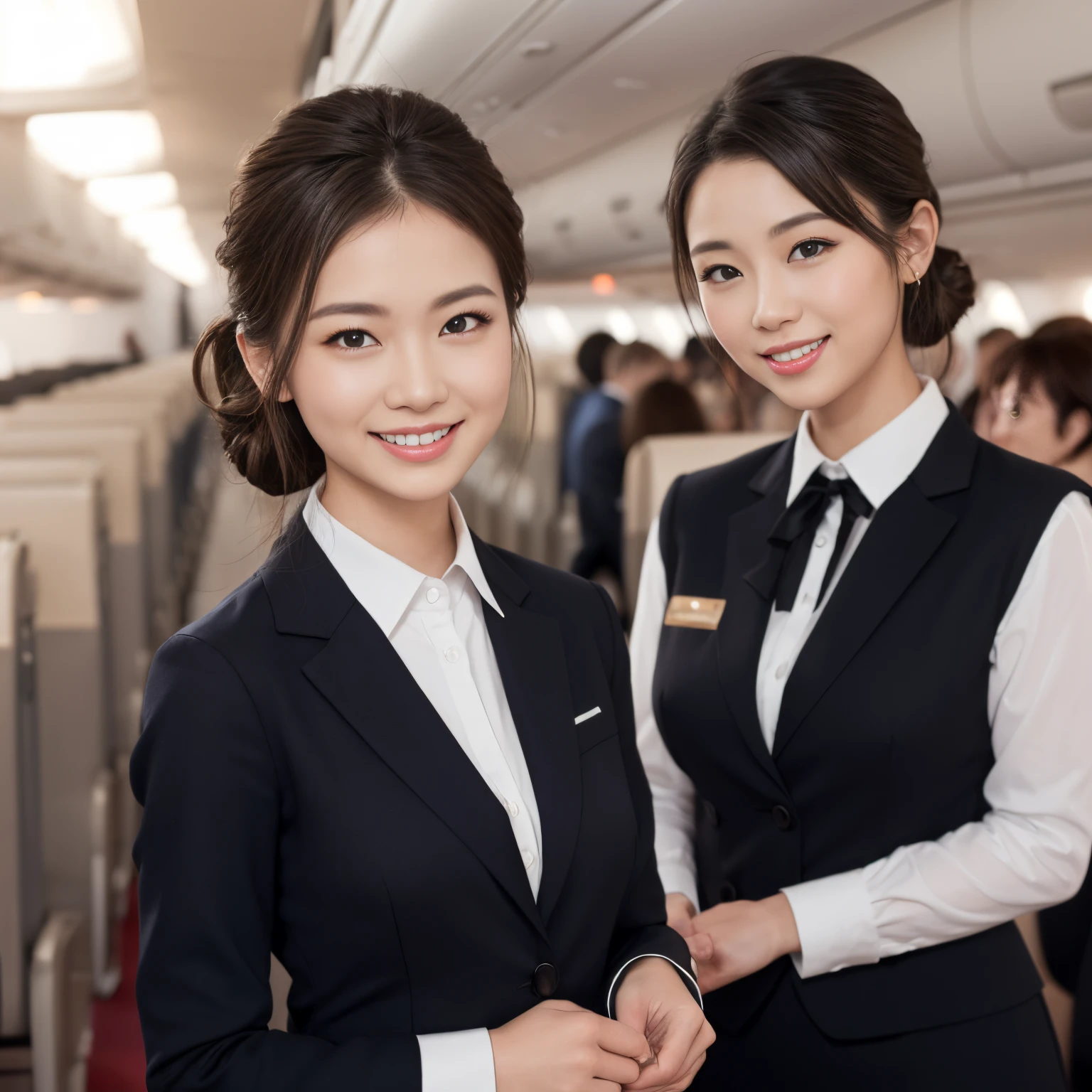((top-quality、masutepiece、8K、Top image quality、Hyper-Realism))、((1 female stewardess、walk gracefully down the aisle、cowboy shot、Take a photo of her from the waist up))、((The background is the first class aisle of an airplane.....))、((The perfect stewardess uniform))、(Exposing the forehead、Chignon)The Biggest Smile、white big teeth、Perfect makeup、long eyelashes、View me、smile your best smile、perfect anatomia、Bright lighting