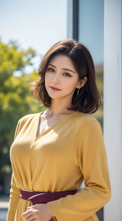 A confident middle-aged woman, Stand outdoors, Have a stylish hairstyle, Flowing movements, Wear professional attire, arrive, Introducing the products in front of you,foreground. (Best quality, ultra - detailed, actual:1.37), (oil painted, Vibrant colors, Focus sharp), (Soft warm colors, natural lightting).