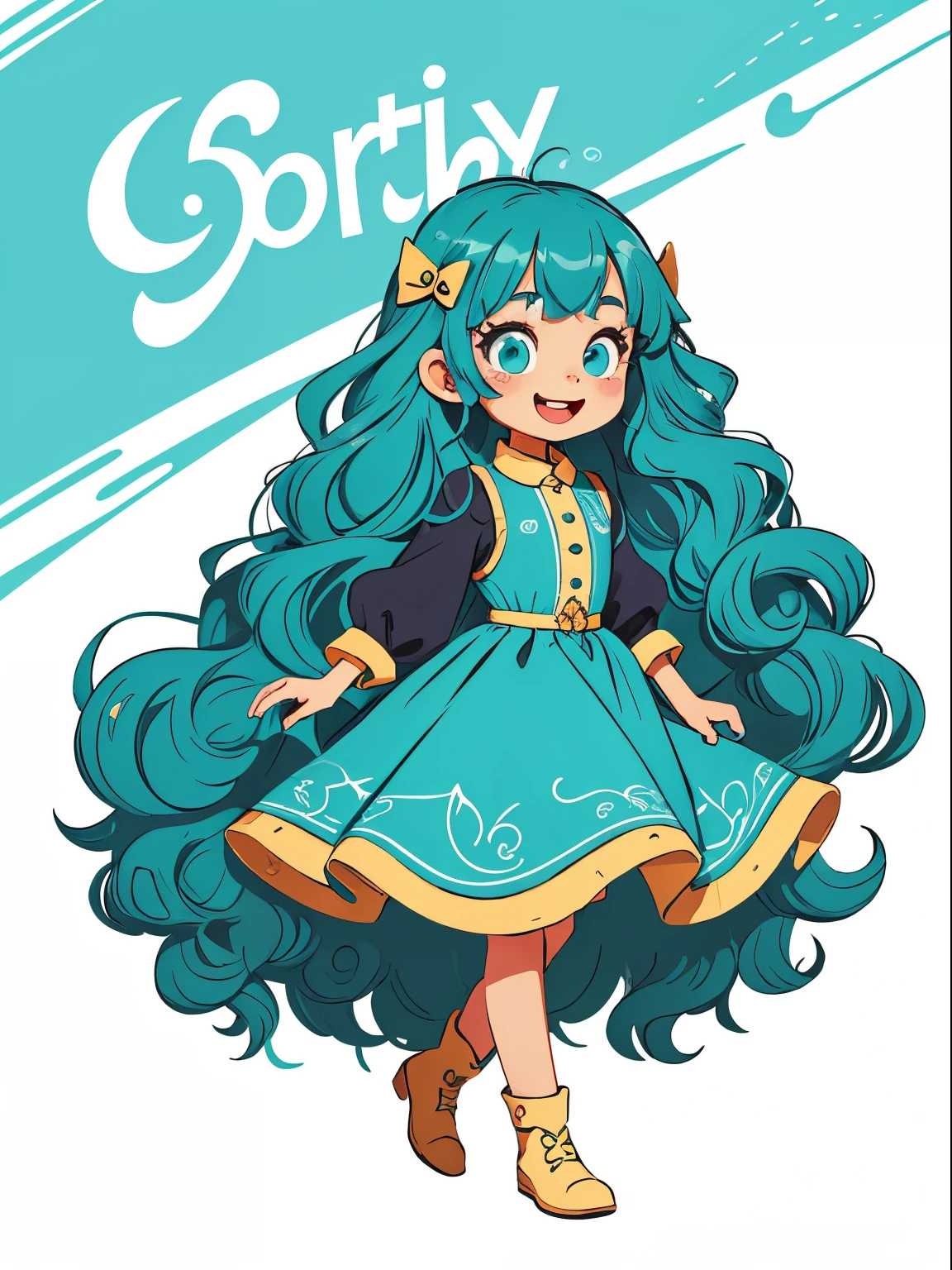 High quality design vector style image, Cute little girl s。cheerful,Interesting,Huge long hair。curlies。Large turquoise colored eyes。 full bodyesbian,Vector Image.