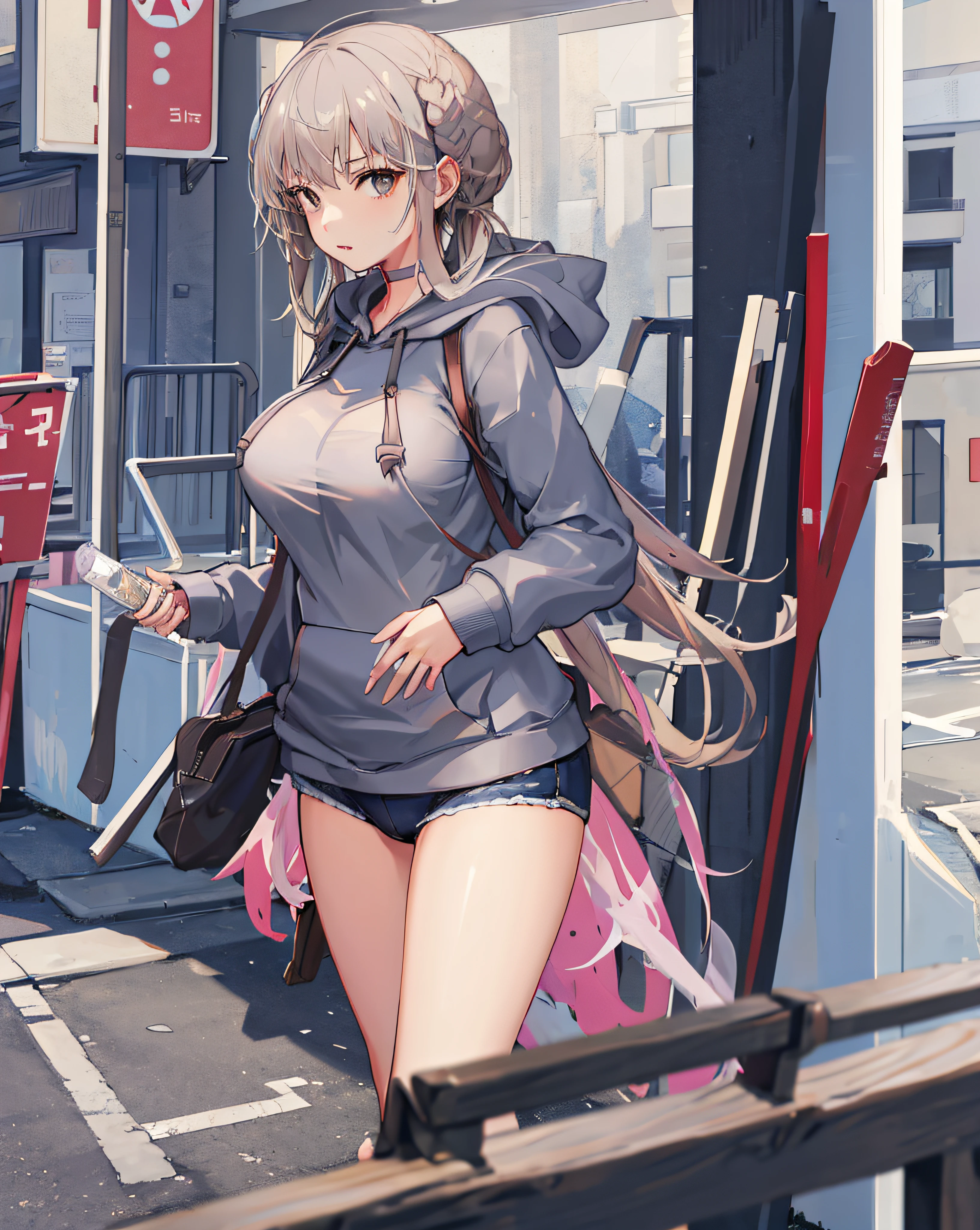 1girl,(hoodie:1.3),large breasts, outdoors,street,building, cowboy shot,