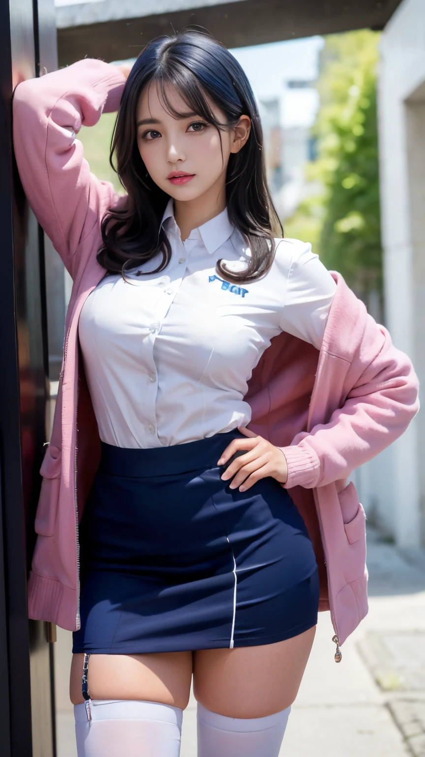 (best qualtiy,4K,tmasterpiece:1.2),Pretty women,1girll,Raised sexy:1.1,darkblue hair:1.1,Uniformed women,Drenched white uniform,Super Detailed Face,Detailed lips,A detailed eye,二重まぶた,Colorful miniskirt pink stockings,stand up,Full body staring at the Esbian camera,