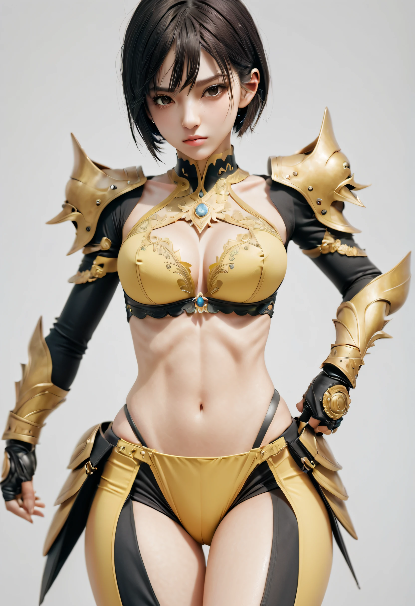 best quality, masterpiece, aesthetic, full-body dynamic pose high quality, 1girl punching, android, (yellow and black) upper armor, mechanical arms, short punk hair, black hair, white background, intense expression, looking at viewer, (simple background:1.4), anime
