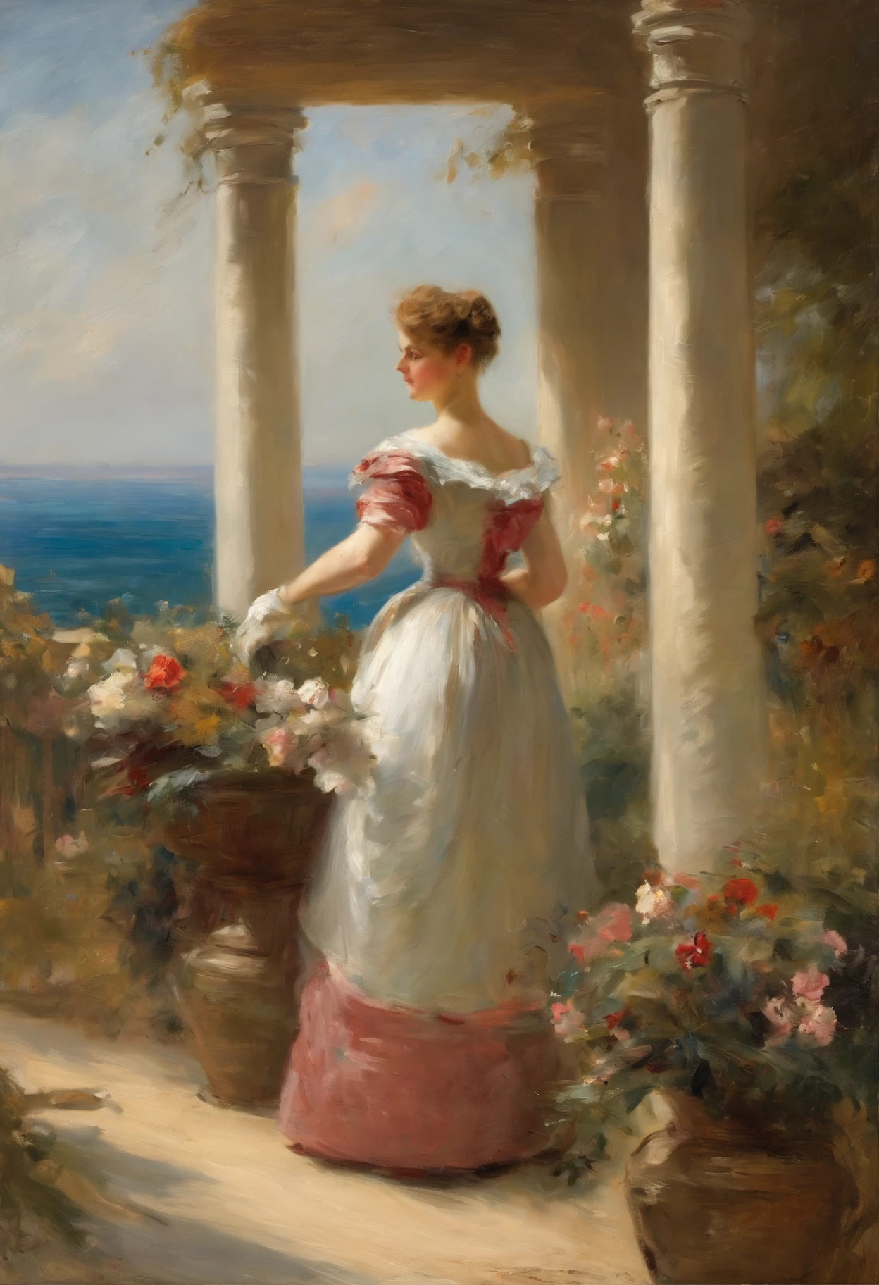 A young beguilingly beautiful Victorian lady with a little dog on a leash standing on a veranda looking out to sea painting by Adolphe Menzel