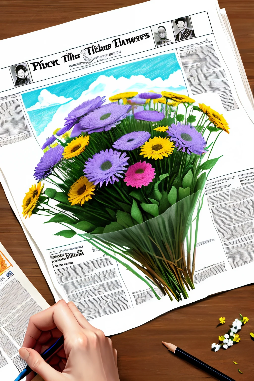draw a picture about《Pick up the flowers》of hand-copied newspapers