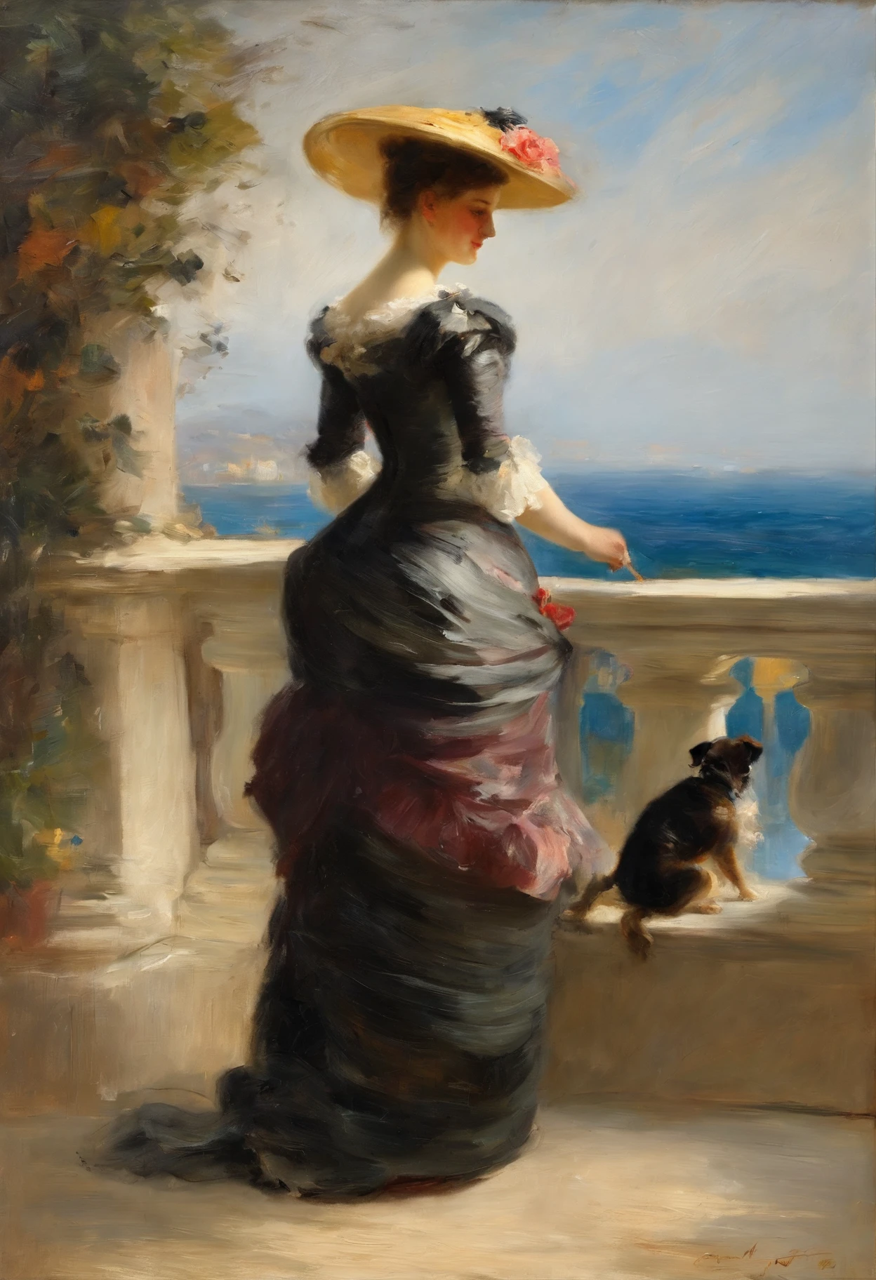 A young beguilingly beautiful Victorian lady with a little dog on a leash standing on a veranda looking out to sea painting by Adolphe Menzel