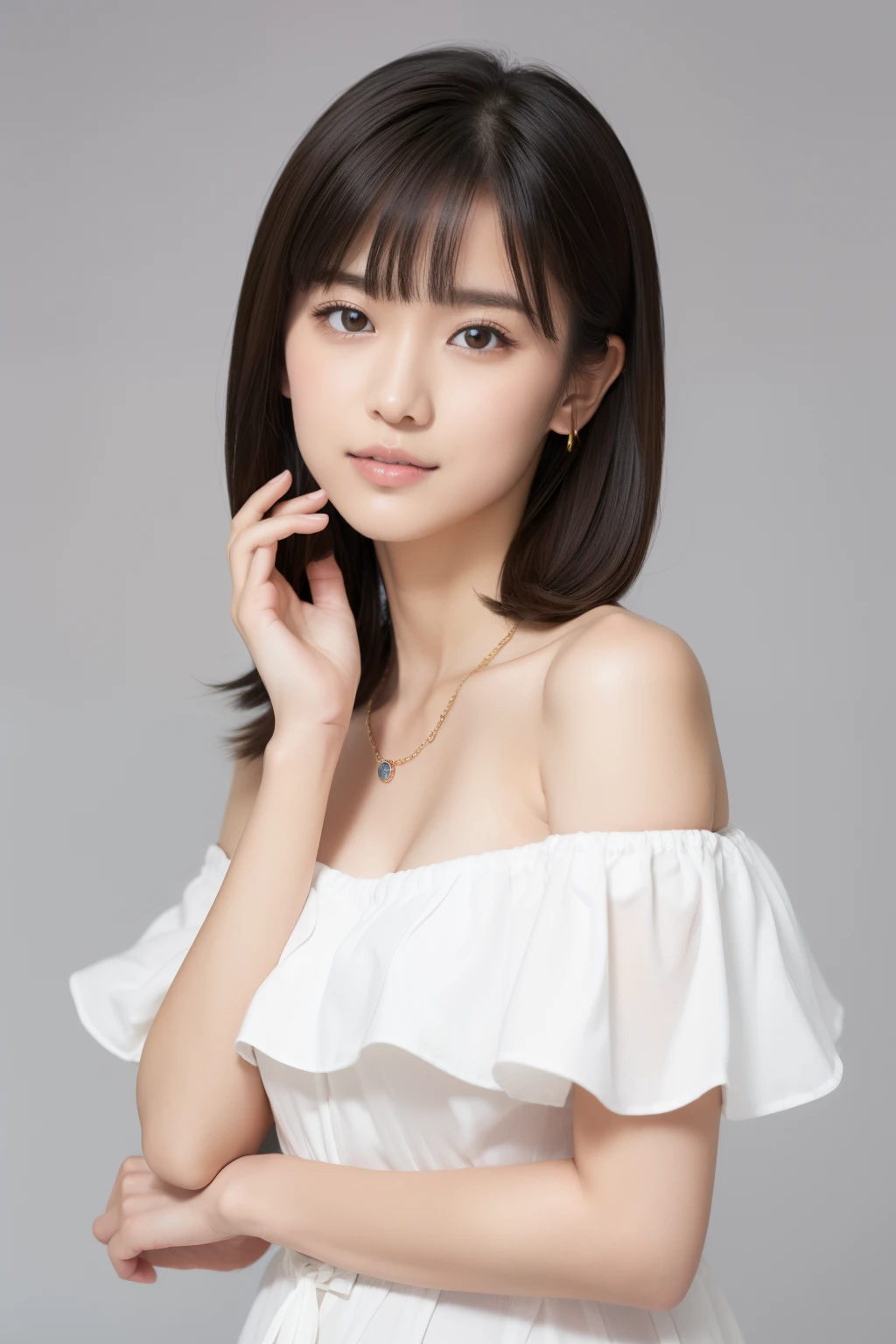 (top-quality, ​masterpiece, hight resolution), beautiful female model。sexy  pose,。white off shoulder without laces。Put your shoulders out、kindly smile、straight haired、Straight bangs、On-eyebrow bangs、tie your hair up with a white barrette、stick out only one ear、foco nítido、(电影灯光)、鎖骨、a necklace、Light gray background