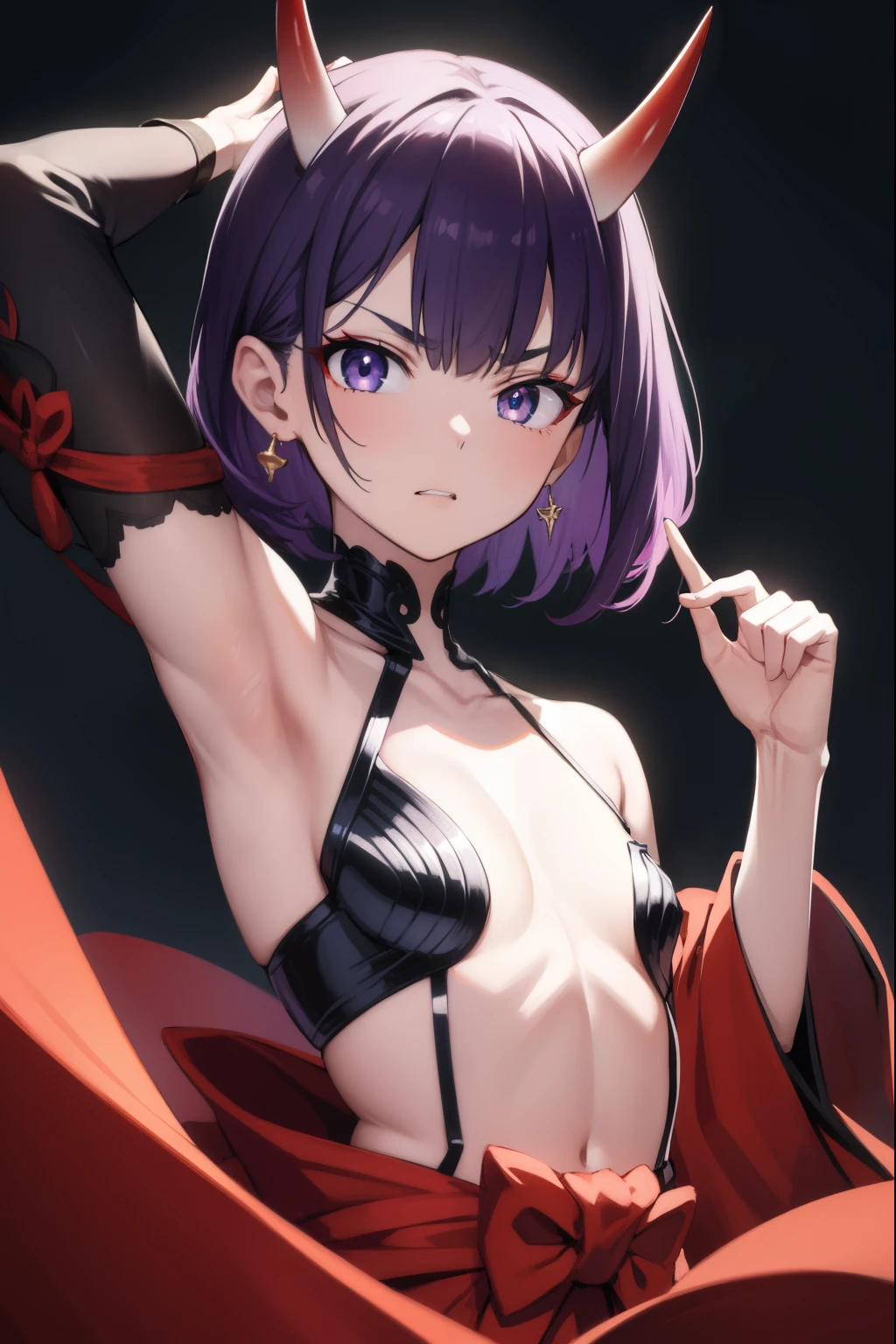 shutendouji, shuten douji, (purple eyes:1.2), earrings, eyeshadow, horns, makeup, oni horns, purple hair, red eyeshadow, short eyebrows, short hair, single earring, teeth, (small breast:1.2),finger on mouth ,
BREAK bare shoulders, collarbone, japanese clothes, jewelry, long sleeves, revealing clothes, wide sleeves, finger string,angry expression, arms up
BREAK outdoors, city,
BREAK looking at viewer,armpit fetish, 
BREAK (masterpiece:1.2), best quality, high resolution, unity 8k wallpaper, (illustration:0.8), (beautiful detailed eyes:1.6), extremely detailed face, perfect lighting, extremely detailed CG, (perfect hands