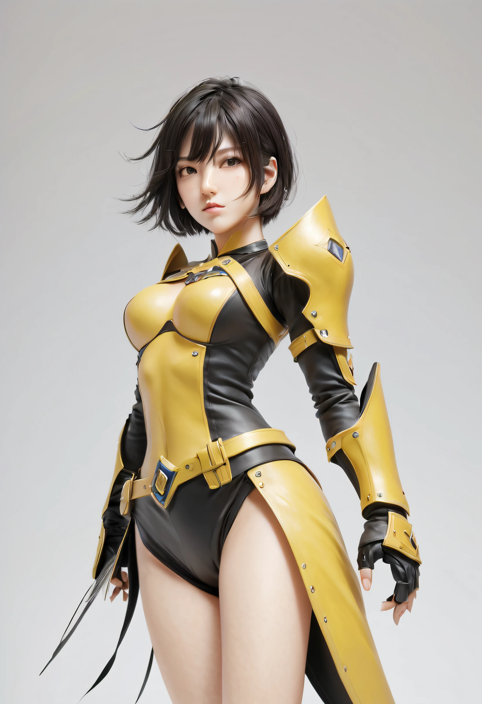 best quality, masterpiece, aesthetic, full-body dynamic pose high quality, 1girl punching, android, (yellow and black) upper armor, mechanical arms, short punk hair, black hair, white background, intense expression, looking at viewer, (simple background:1.4), anime