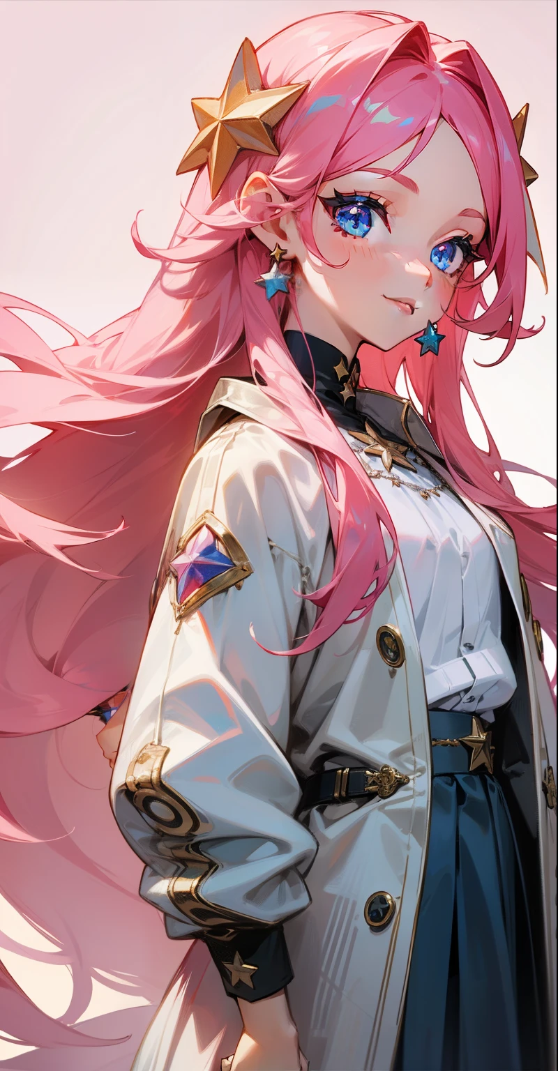 1 girl, long hair, blue eyes, earrings, jewelry, solo, skirt, looking at viewer, pink hair, smile, very long hair, star hair ornament, jacket, lips, simple background