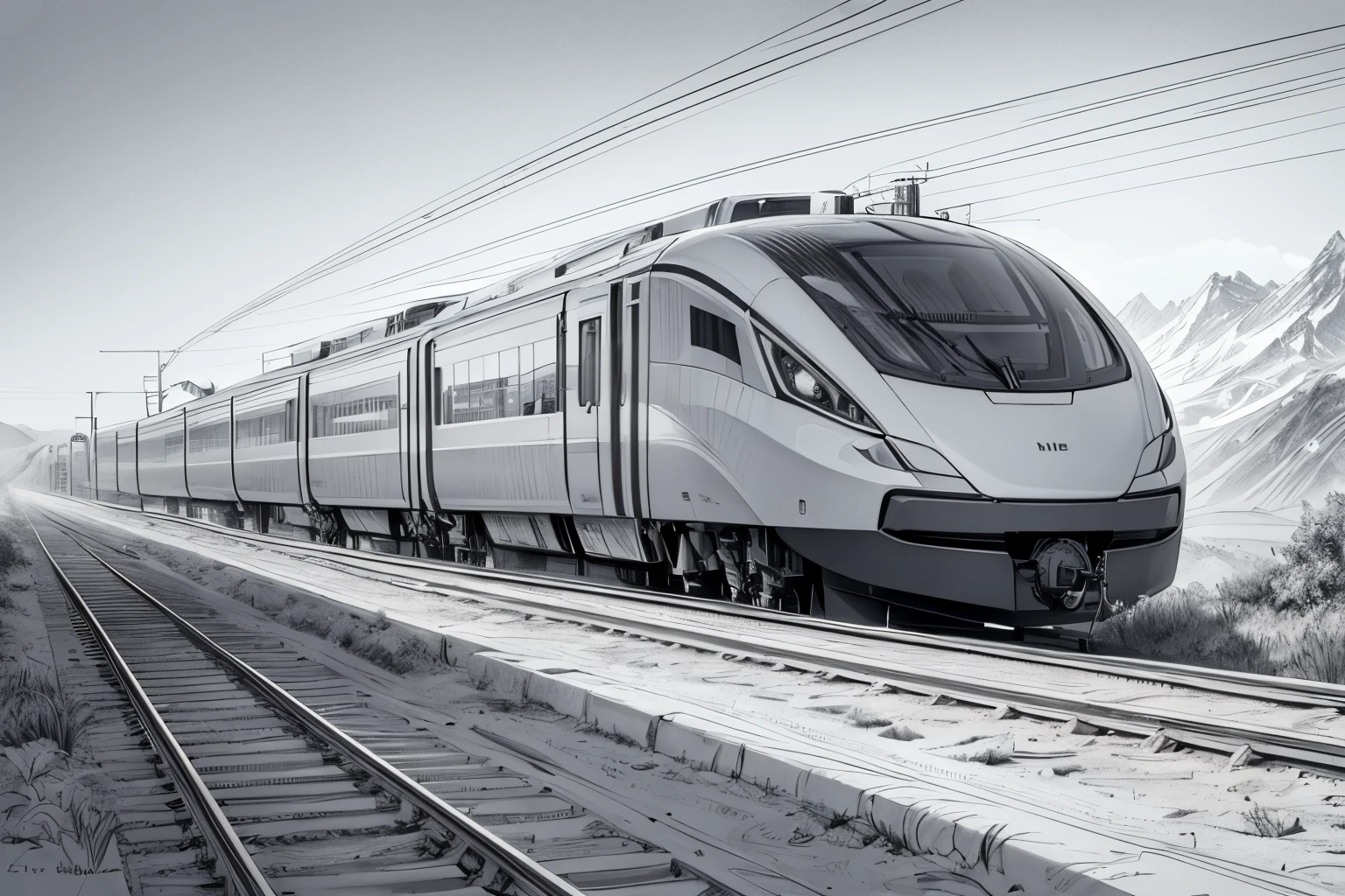 Line drawing background, white backgrounid, Mono Color, a line drawing, ((a sketch)), Stunning and detailed，Future technology high-speed train travels through the wilderness，ultra - detailed，Magnificent composition，