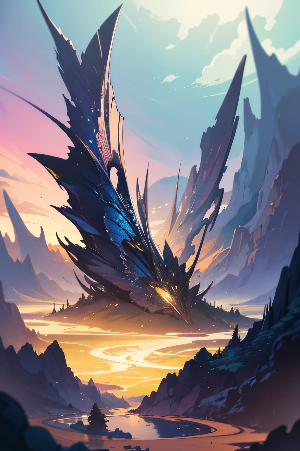 beautiful landscape with a mountainrange, professional, sleek, modern, minimalist, graphic, line art, vector graphics, smooth edges, colorful, whimsical colours, soft pastel hues, melting textures, erik moua's lyrical dreamscape aesthetics, rich details, mystical lighting, tranquil otherworldly atmosphere, unique vibrant fantasy illustration, trending on artstation, digital art masterpiece