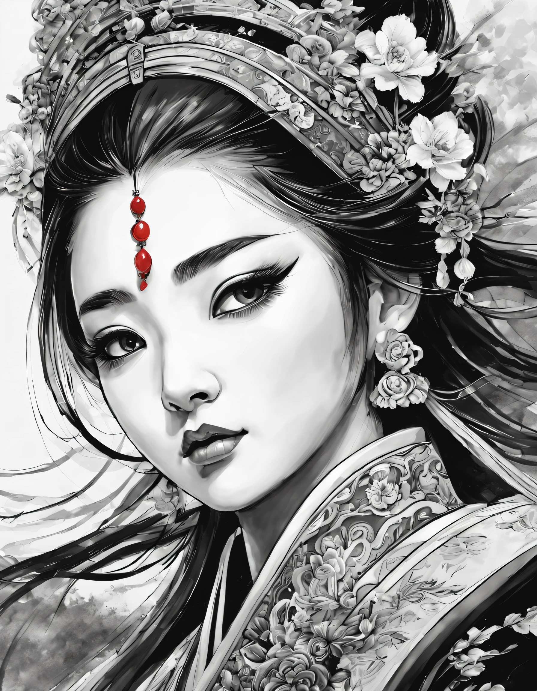 (Portrait of the beautiful heroine of Chinese Kunqu Opera）, Its beautiful black and white line art ,
tmasterpiece,Fountain Pen Art,Black and white painting,chinese paintings,character drawing, crayon art，illuminations，comic strip, black and white coloring,Gel Pen,
Abstract, contours, zoom layer, hyper HD, tmasterpiece, high detal, high high quality, super detailing, Award-Awarded, A high resolution, 16k