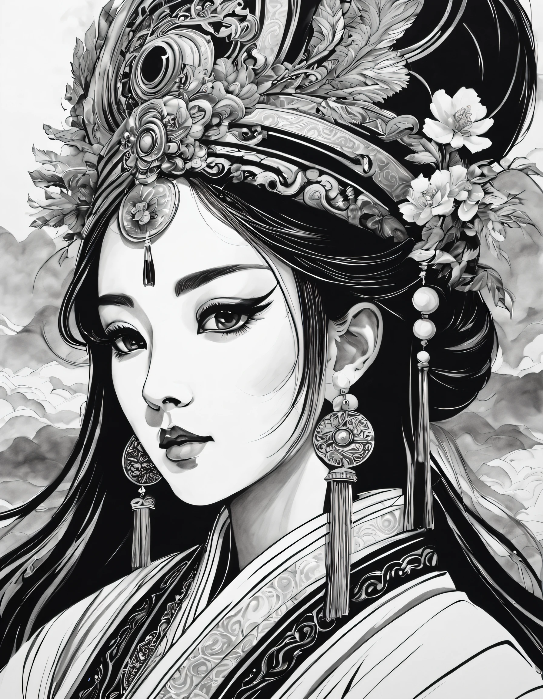 (Portrait of the beautiful heroine of Chinese Kunqu Opera）, Its beautiful black and white line art ,
tmasterpiece,Fountain Pen Art,Black and white painting,chinese paintings,character drawing, crayon art，illuminations，comic strip, black and white coloring,Gel Pen,
Abstract, contours, zoom layer, hyper HD, tmasterpiece, high detal, high high quality, super detailing, Award-Awarded, A high resolution, 16k