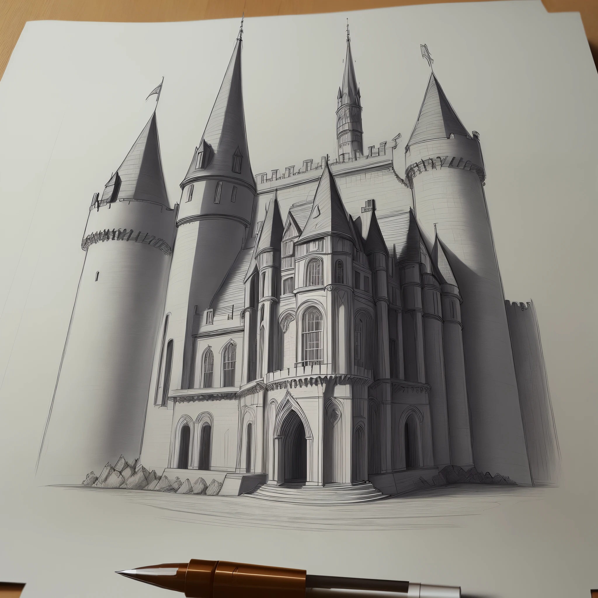 Pen sketch of a architectural structure (building/castle) with strokes made by a pen for shading