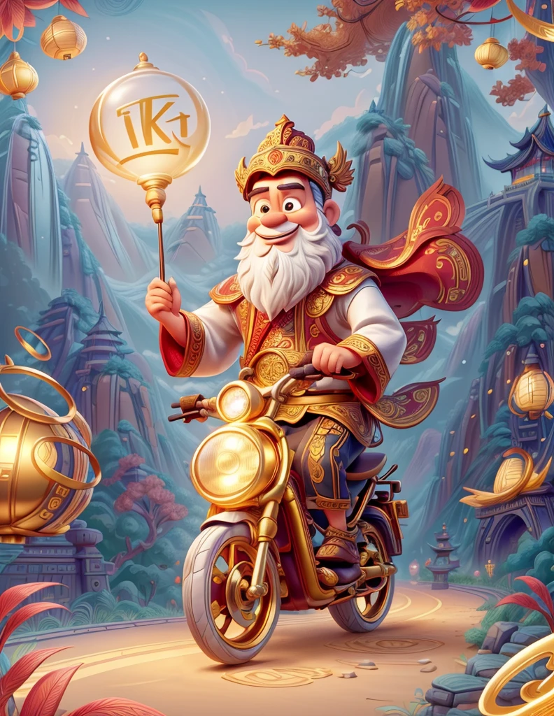 pixar-style, (shot from afar: 1.8), (China - Chic Chinese Mythical God of Wealth, Anatomically correct, Oriental elements), (The cute God of Wealth rides an electric bike,Gold ingots in hand, Treasures follow), (China - Fashion illustration: 1.5, vector drawing: 1.5), (Chinese color, senior color matching, gradient backgrounds, white backgrounid: 1.5), (The is very detailed, Well designed, Clear lines, k hd, Best quality at best, tmasterpiece, offcial art, movie light effect, 8K)
