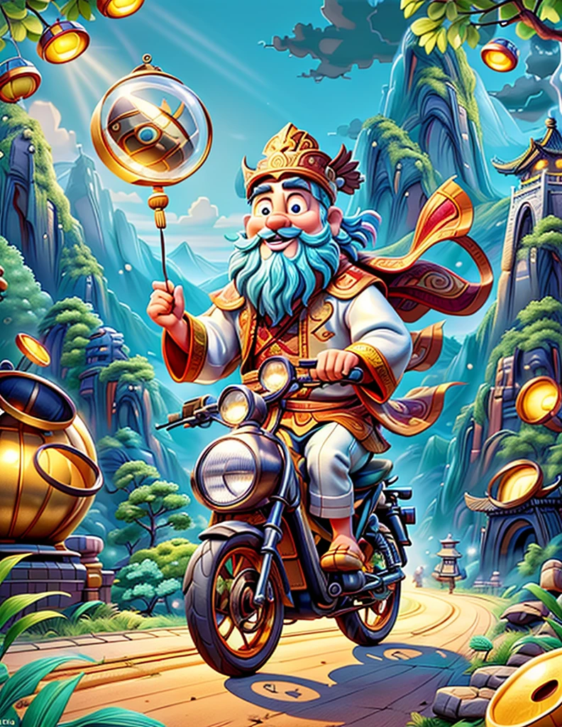 pixar style, (long shot: 1.8), (Chinese - chic Chinese mythological God of Wealth, anatomically correct, oriental elements), (a cute God of Wealth riding an e-bike with a gold ingot in his hand, Treasures Follow), (China - Stylish Illustration: 1.5, Vector Drawing: 1.5), (Chinese Colors, Advanced Color Matching, Gradient Background, White Background: 1.5), (Very Detailed, Well Designed, Clear Lines, High Definition, Best Quality, Masterpiece, Official Art, Cinematic Lighting Effects, 8K)