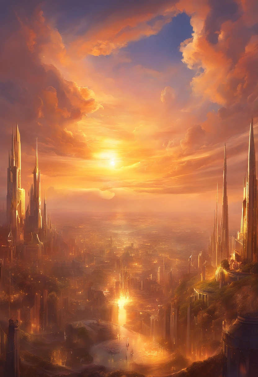 A golden sunset over a luminal, golden, city in heaven.