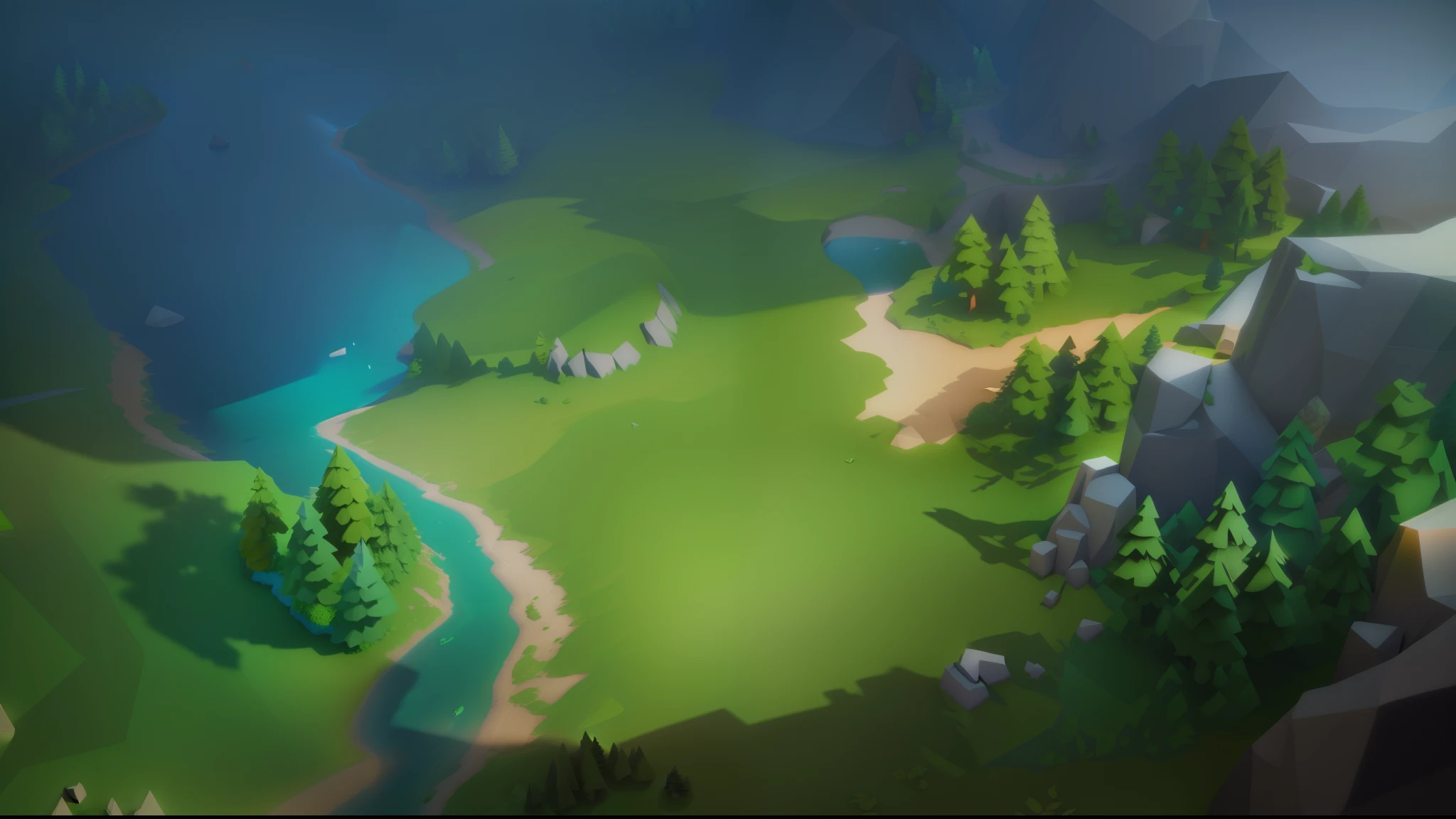 strong sunlight and shadows，dingdall effect，and the sun was shining brightly，lowpoly landscape，River and trees close-up, stylized as a 3d render, High quality low-poly art, sunlighting，Extreme light and shadow effects，Disney  style，Wonderful and magical，k hd，Works of masters，8K quality