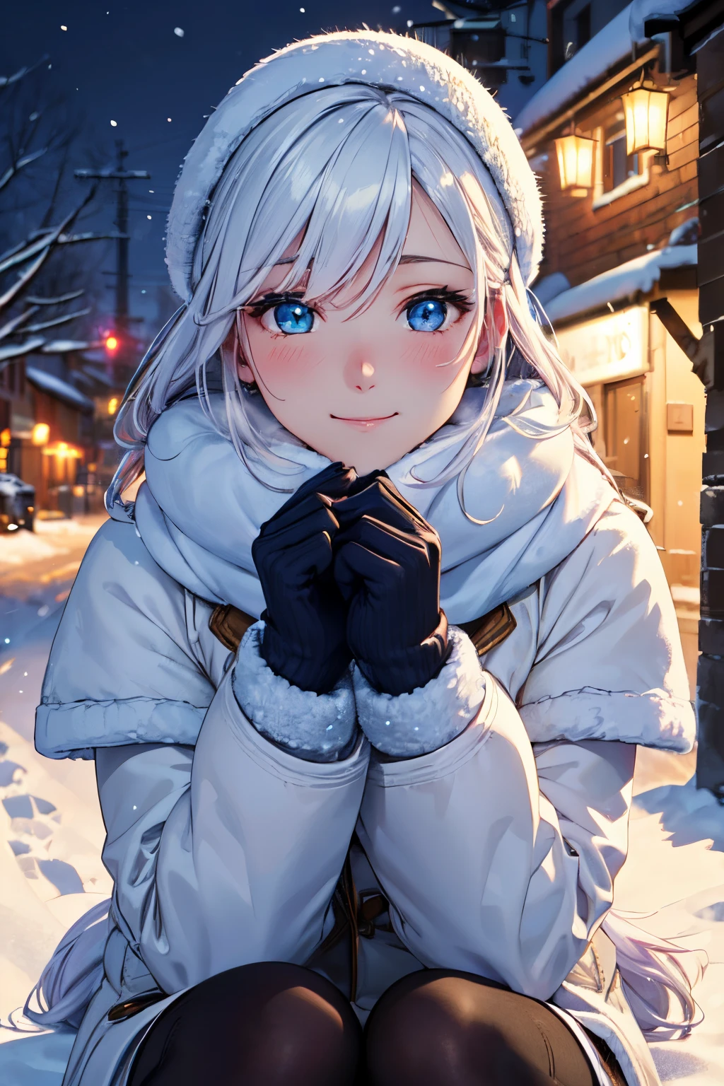 (High quality, High resolution, Fine details), Realistic, woman in winter clothing, illuminated street, falling snow, cozy atmosphere, snow-covered trees, golden light, deep shadows, winter fashion, bokeh, warm gloves, collar up, heavy coat, soft scarf, fashionable boots, stepping on fresh snow, winter wonderland, nighttime, starry sky, colorful facades, frosty breath, magic in the air, happiness, peaceful solitude, cold winter air, silence in the snow, tranquility, solo, Curvy women, sparkling eyes, (Detailed eyes), smile, blush, Sweat, Oily skin, Shallow depth of field
