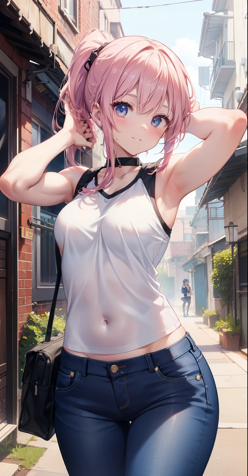 16k, ultra realistic, High, best quality, master piece, half-length image, a beautiful girlfriend posing for a photograph in an alley, wearing a modern pink sleeveless t-shirt, black jeans, goggles, brown ponytail, bangs , happy laugh, blue eyes, lean muscular body, perfect anatomy, looking at the camera, Time of day, blue sky, anime style, outdoors, trending on ArtStation, WLOP, Sakimichan