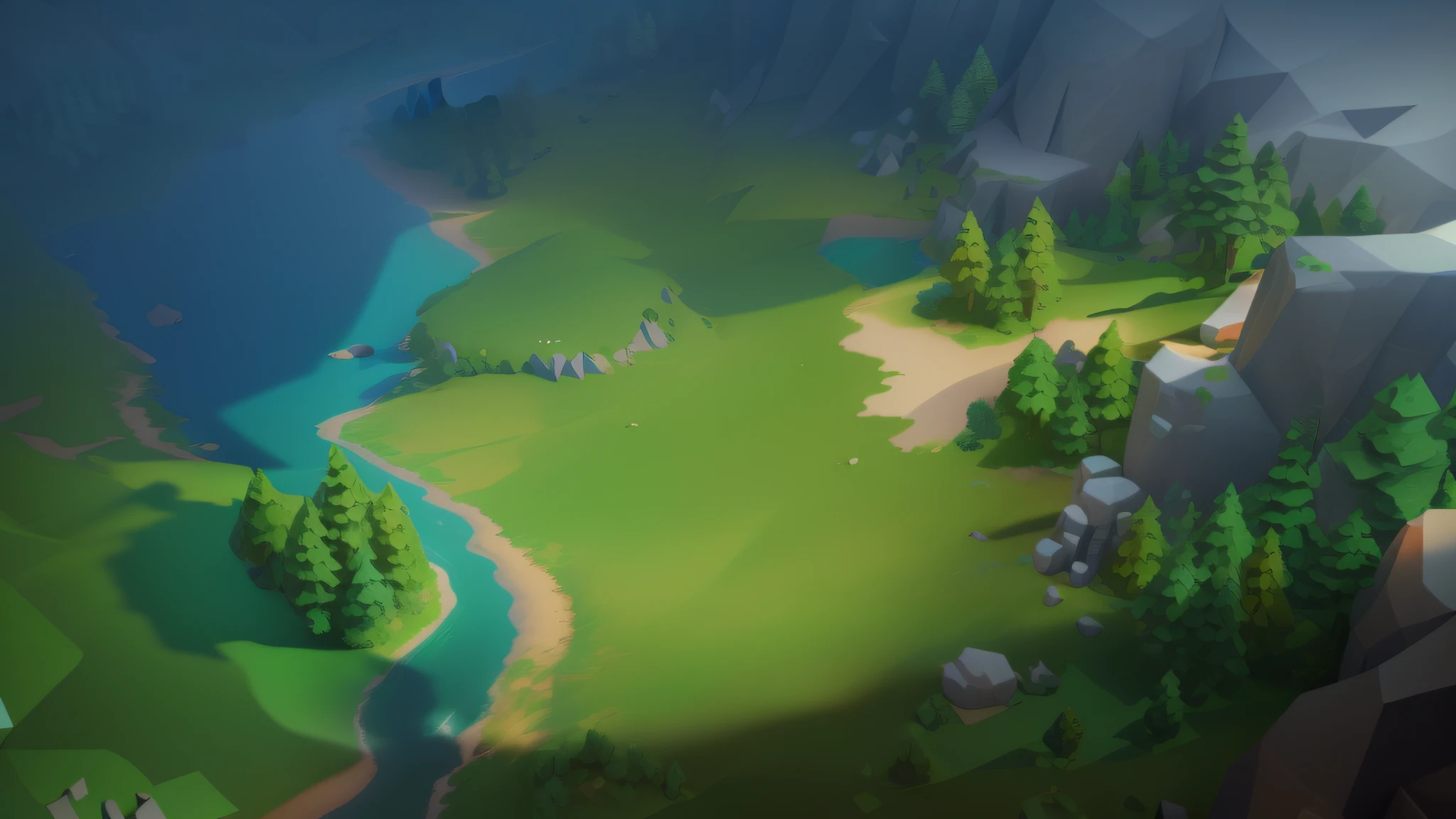 strong sunlight and shadows,dingdall effect,and the sun was shining brightly,lowpoly landscape,River and trees close-up, stylized as a 3d render, High quality low-poly art, sunlighting,Extreme light and shadow effects,Disney style,Wonderful and magical,k hd,Works of masters,8K quality