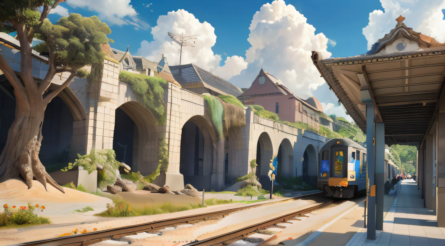 Ultra realistic giant orange rain tree, futuristic prehistoric village, surreal, masterpiece, highest quality, high quality, highly detailed CG, splash, sand fragments, fluffy clouds, super detail, HDR, photorealistic, ultra detail, railway, subway, overpass