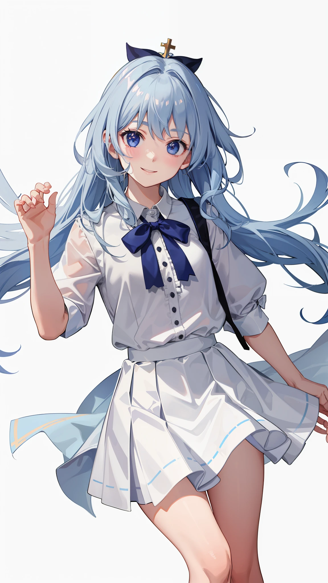 1girl in、notre dame、virgin、imagem 4k、A smile、The shirt、Blouse、(paler)skirt by the、poneyTail、(small tits)Chilarism、movement、