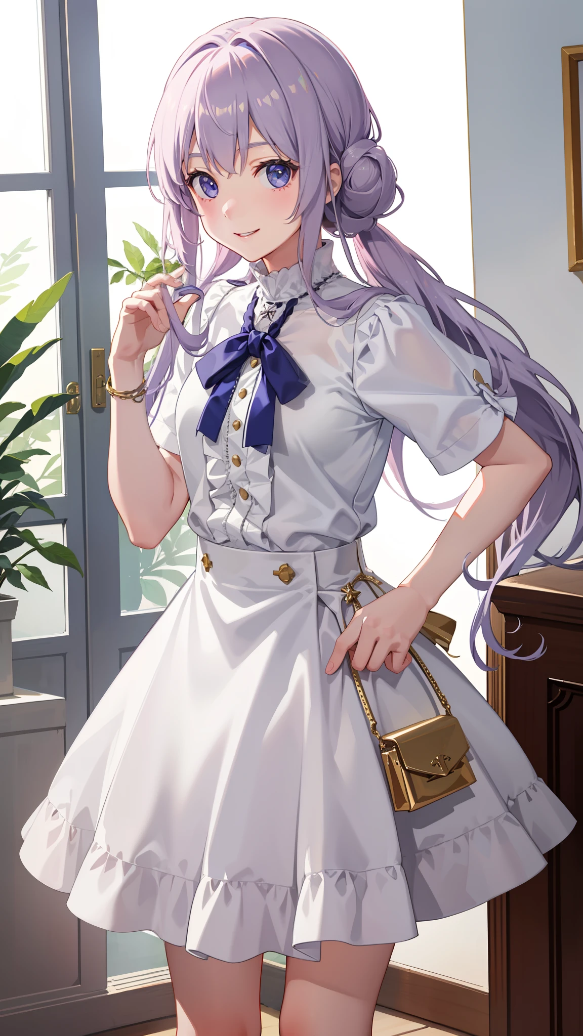 1girl in、notre dame、virgin、imagem 4k、A smile、The shirt、Blouse、(paler)skirt by the、poneyTail、(small tits)Chilarism、movement、