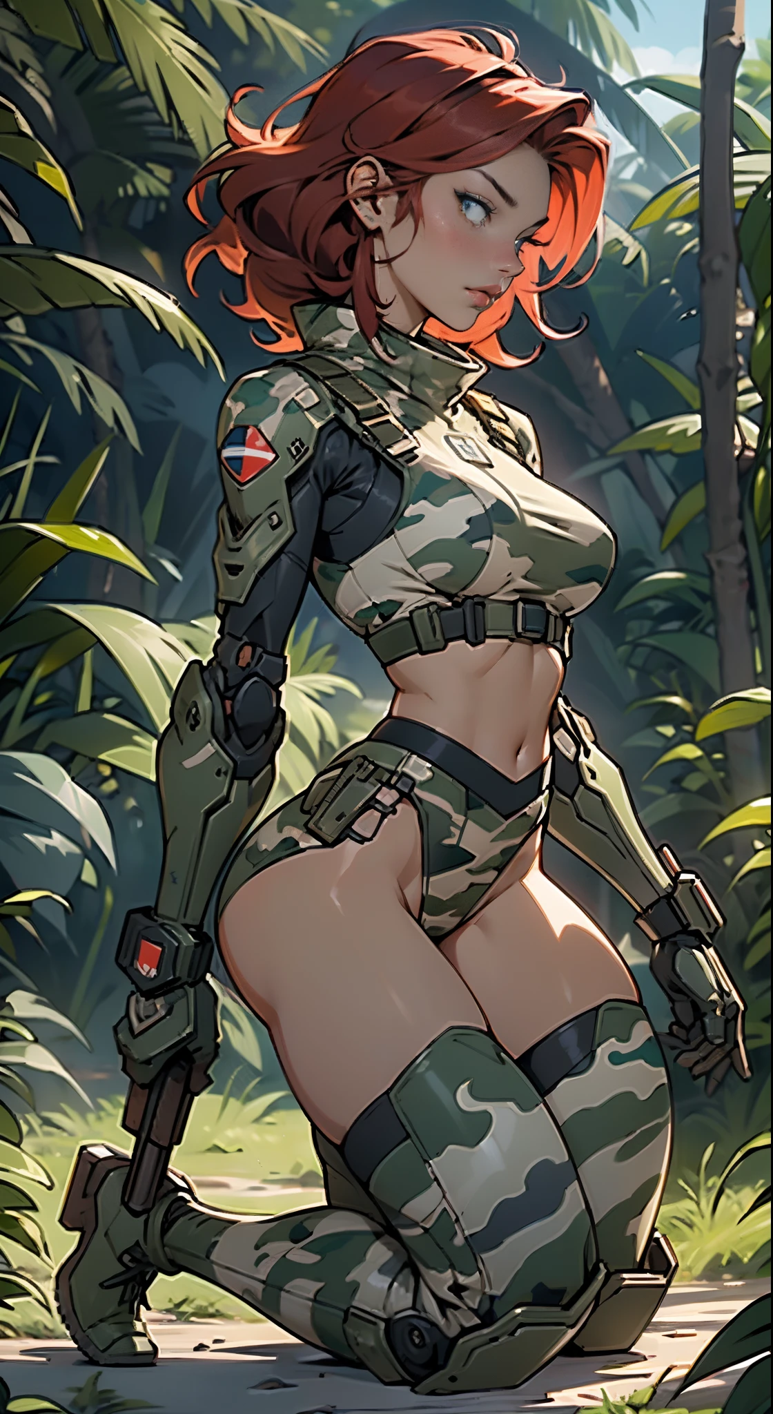 1woman 20 years old, max resolution, sculpted, military, wearing a soldier helmet, beautiful, perfect body, red hair, blue eyes, perfect body, thin waist, wide hips, large breasts, slim thighs, jungle background, armored vehicle, military robot dog, camouflaged uniform, tight panties, two-piece, highly detailed, high resolution, perfect hands, side view, camo, face fully turned to the side to look at the viewer, turn her head to look at the viewer, genuflection kneeling, one knee on ground, one knee up, holding up a rifle