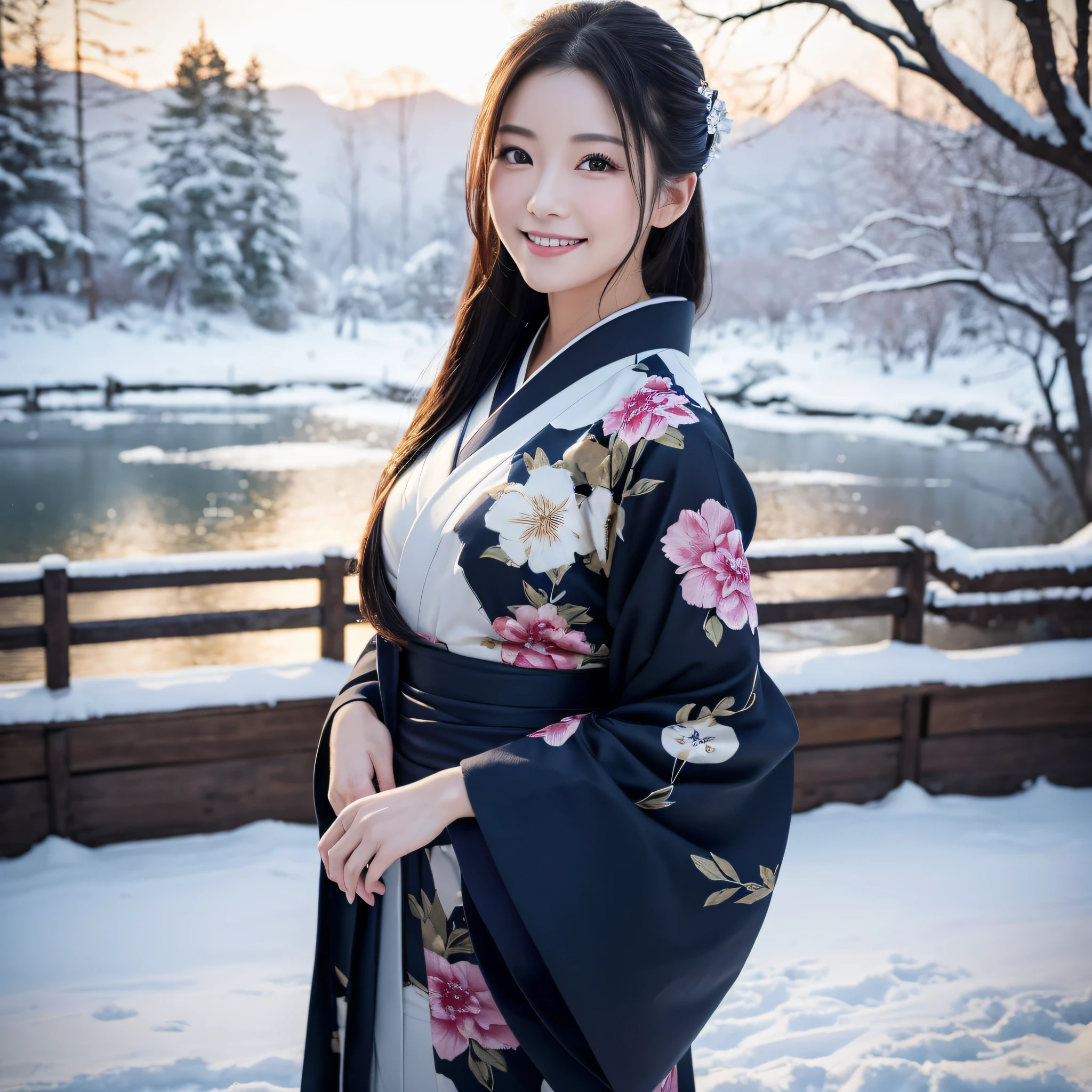 (Super beautiful woman in kimono)、((best qualtiy、8k masterpieces:1.3))、foco nítido:1.2、(ultra beautiful faces:1.0)、(shinny skin:1.0)、photos realistic、A dark-haired、Video Lighting、High-definition eyes and face、Video Lighting、Japanese actressl、from the front side、medium breasts、With a happy smile、Slender Abs Beauty、Whole body、wearing kimonos、In a snowy landscape in the middle of winter、highest grade obi